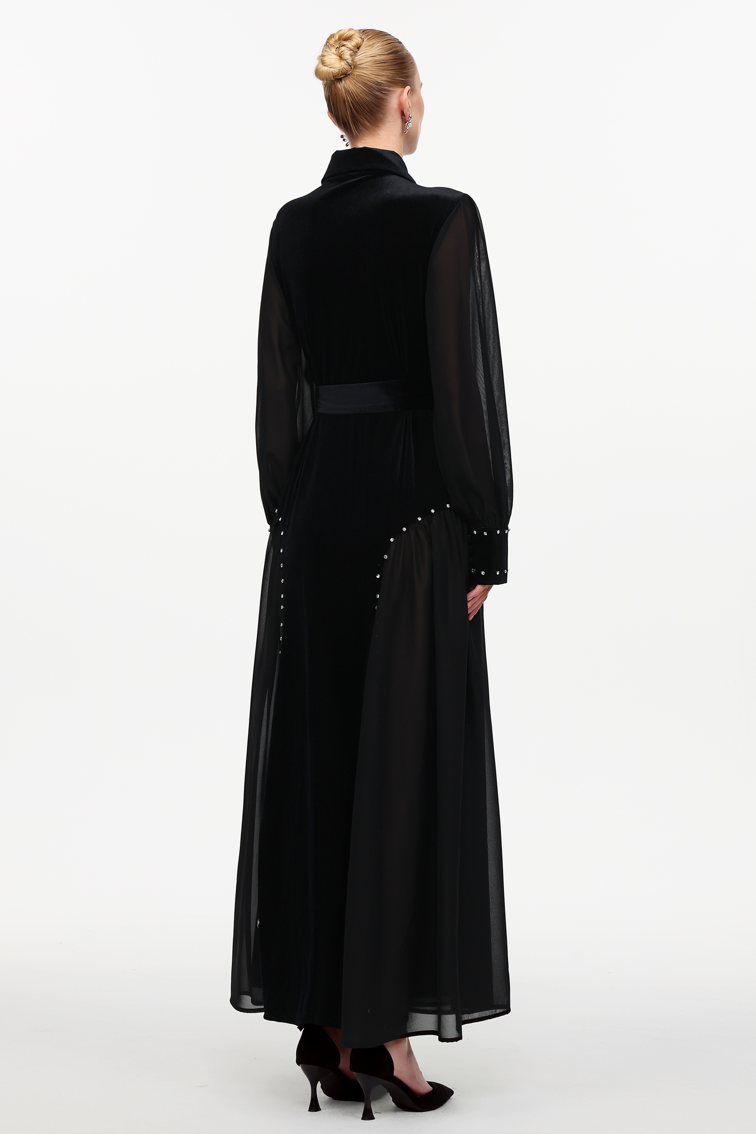 Emmeline Elegant Flowy Long Sleeve Mesh Velvet Maxi Dress