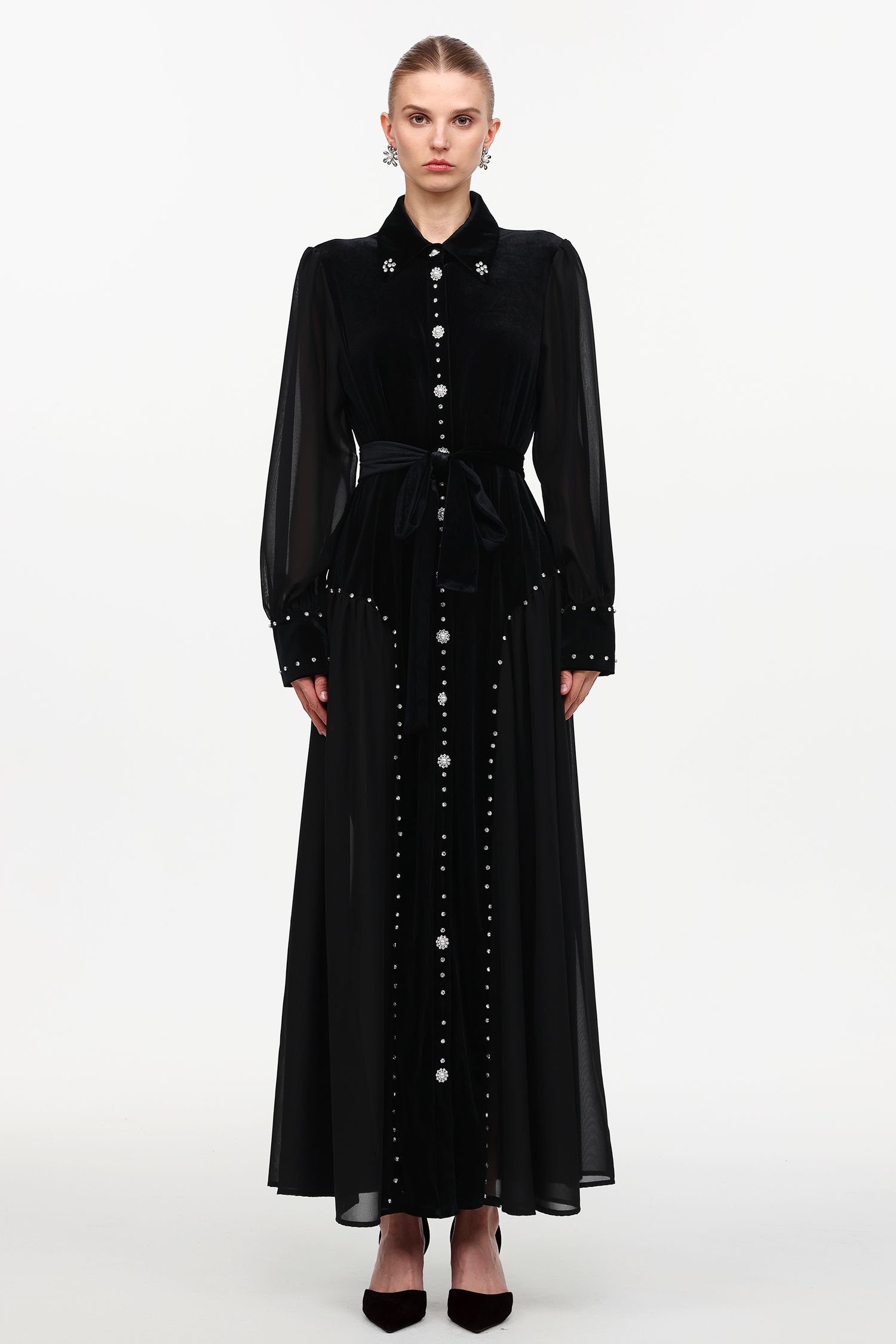 Emmeline Elegant Flowy Long Sleeve Mesh Velvet Maxi Dress
