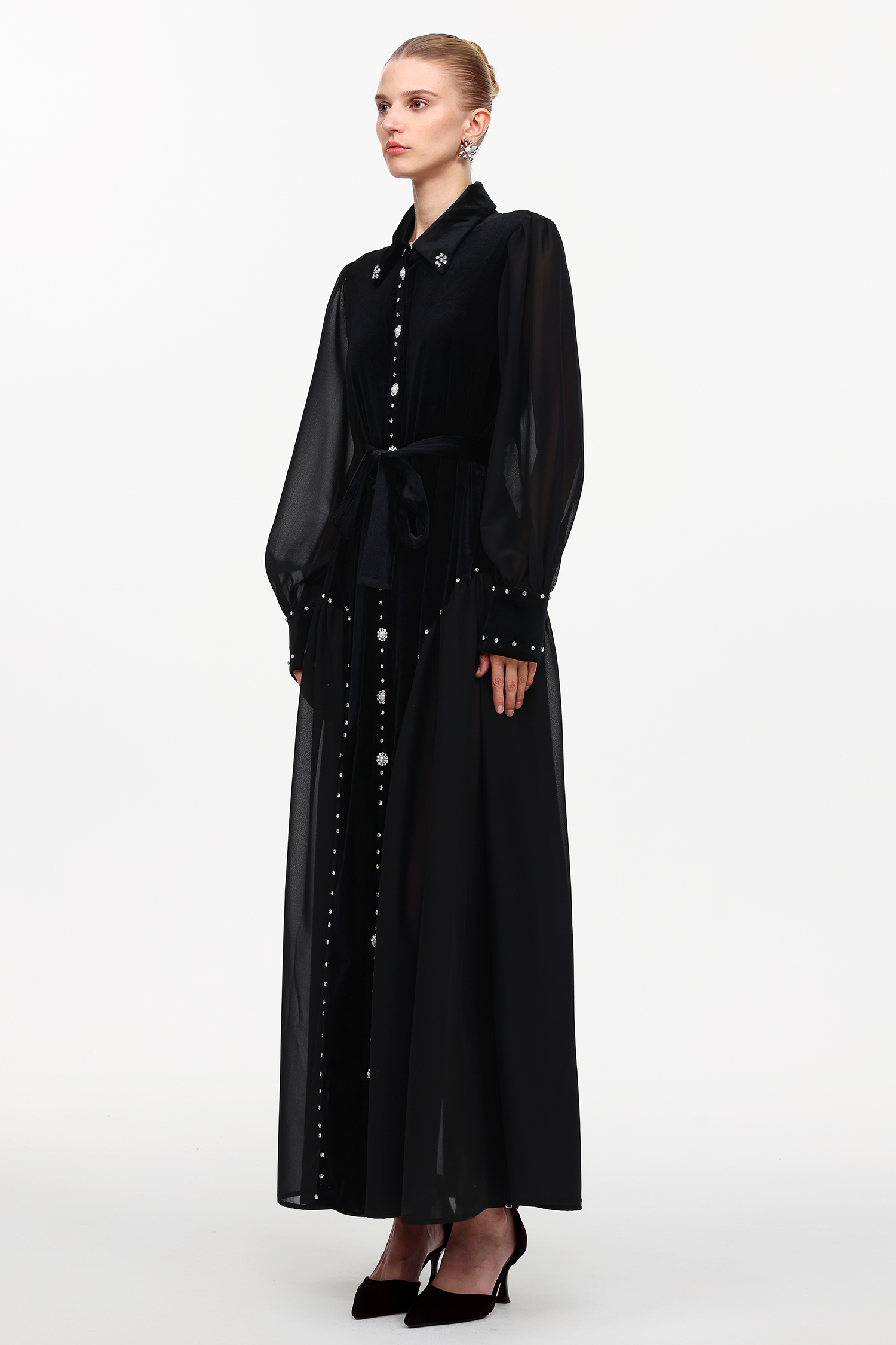 Emmeline Elegant Flowy Long Sleeve Mesh Velvet Maxi Dress