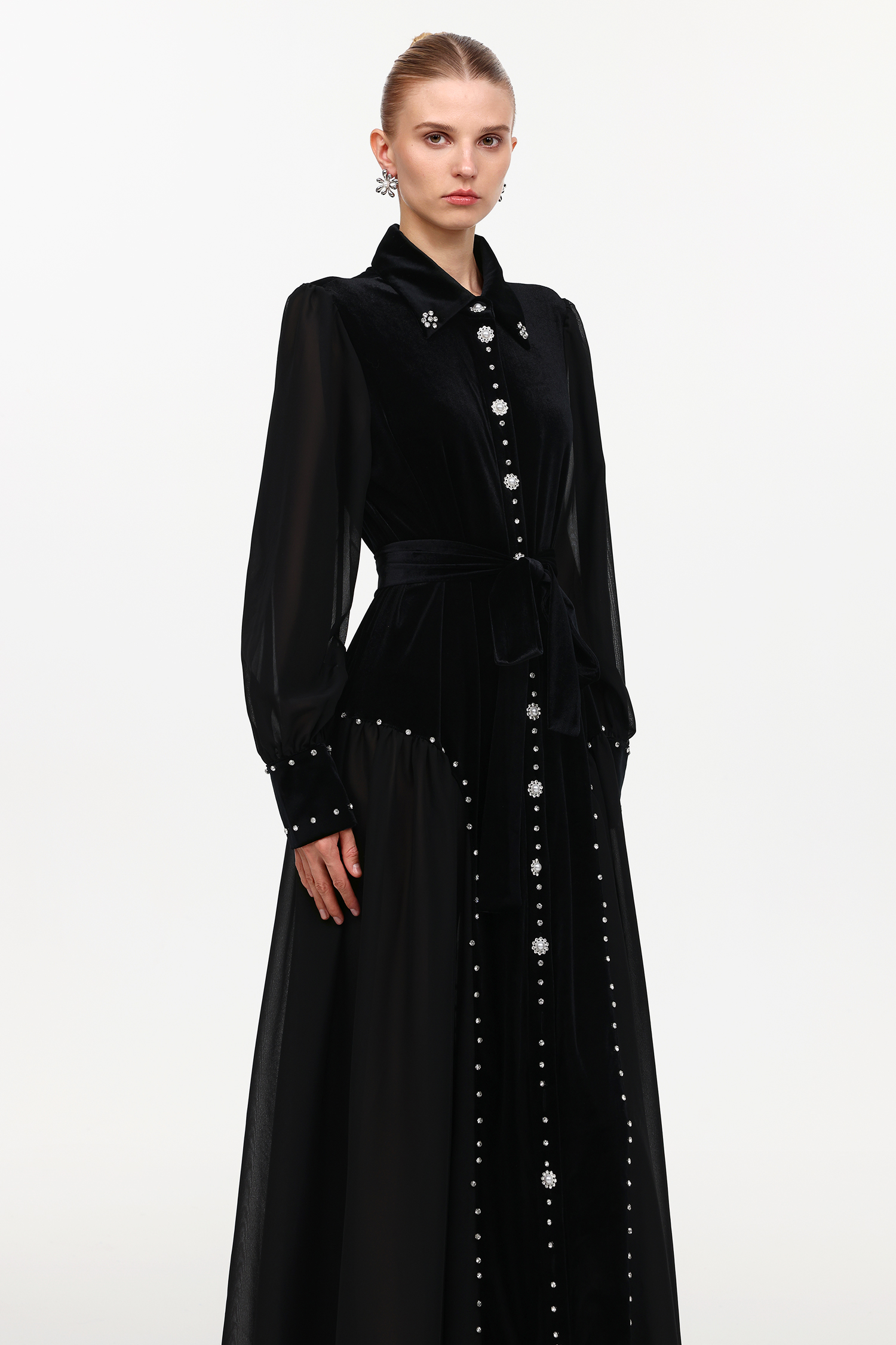 Emmeline Elegant Flowy Long Sleeve Mesh Velvet Maxi Dress