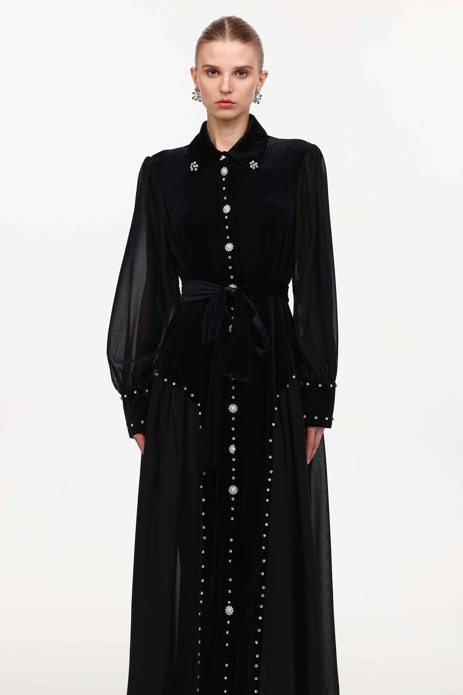 Emmeline Elegant Flowy Long Sleeve Mesh Velvet Maxi Dress