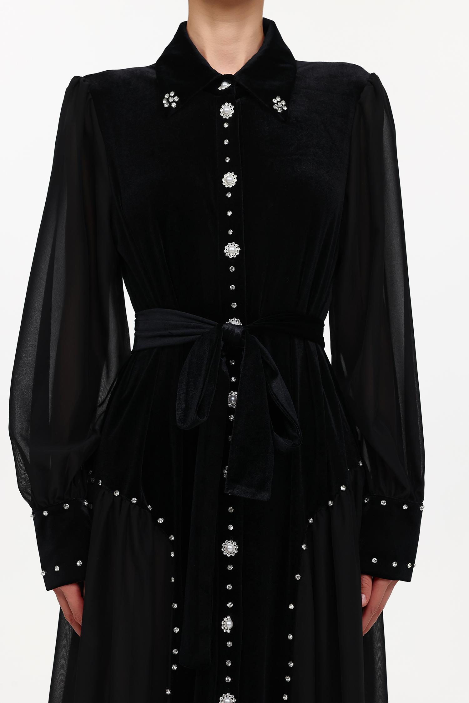 Emmeline Elegant Flowy Long Sleeve Mesh Velvet Maxi Dress