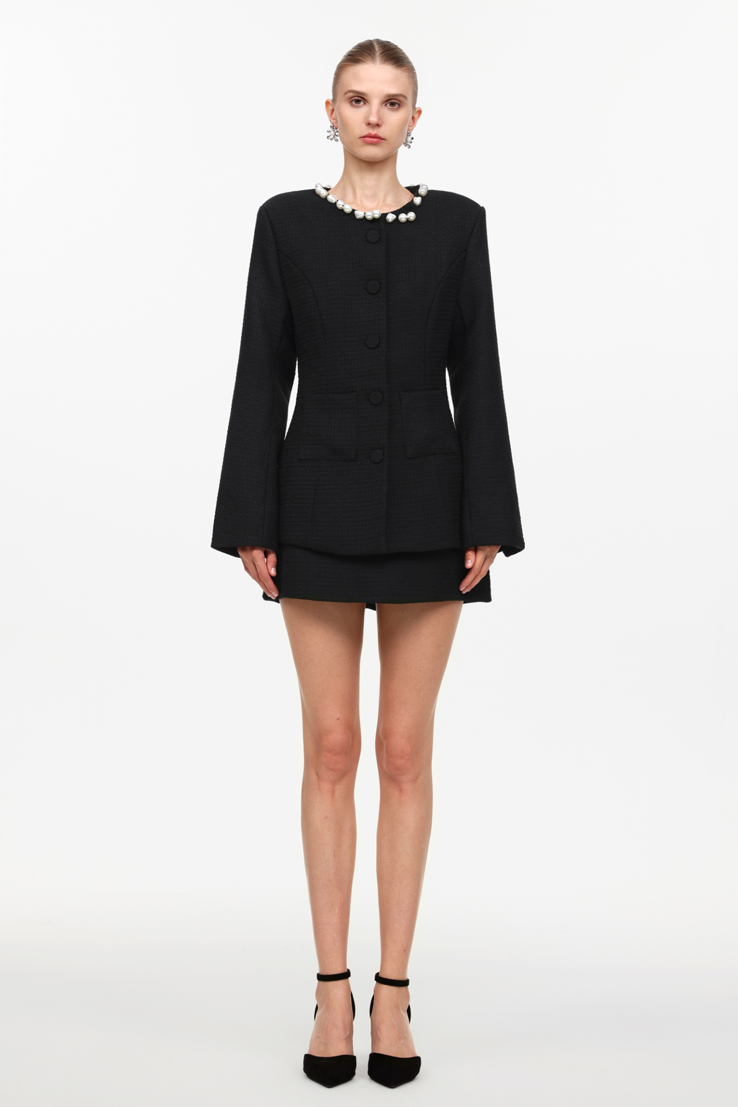 Gabriella Classic Tailored Round Neck Long Sleeve Pearl Woven Top And Skirt Two-Piece Set