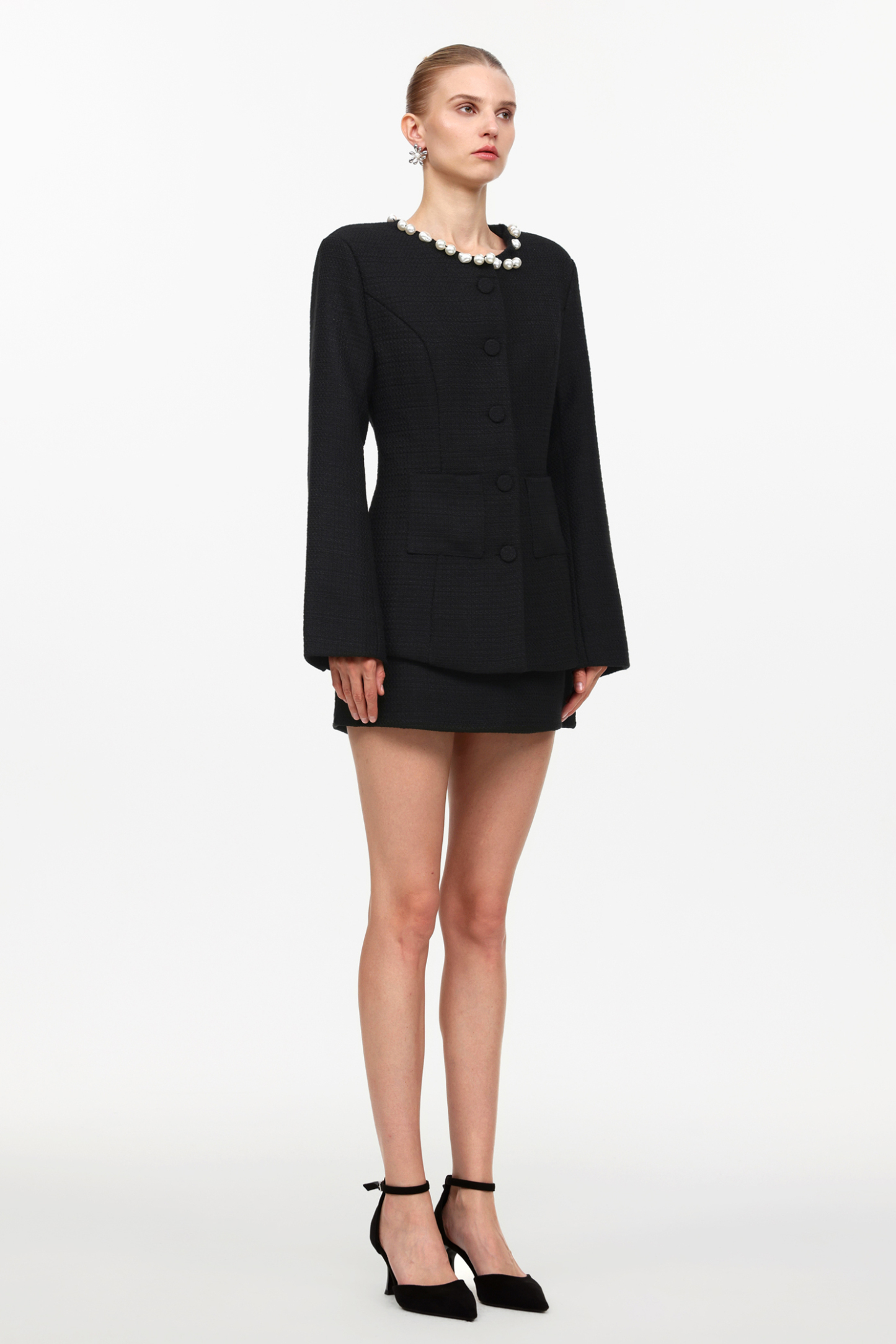 Gabriella Classic Tailored Round Neck Long Sleeve Pearl Woven Top And Skirt Two-Piece Set