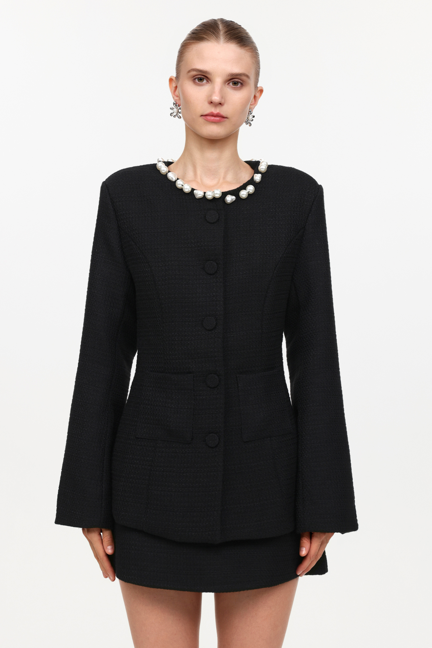 Gabriella Classic Tailored Round Neck Long Sleeve Pearl Woven Top And Skirt Two-Piece Set