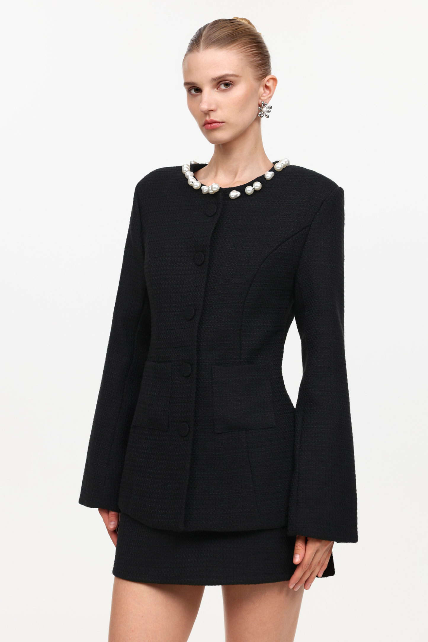 Gabriella Classic Tailored Round Neck Long Sleeve Pearl Woven Top And Skirt Two-Piece Set