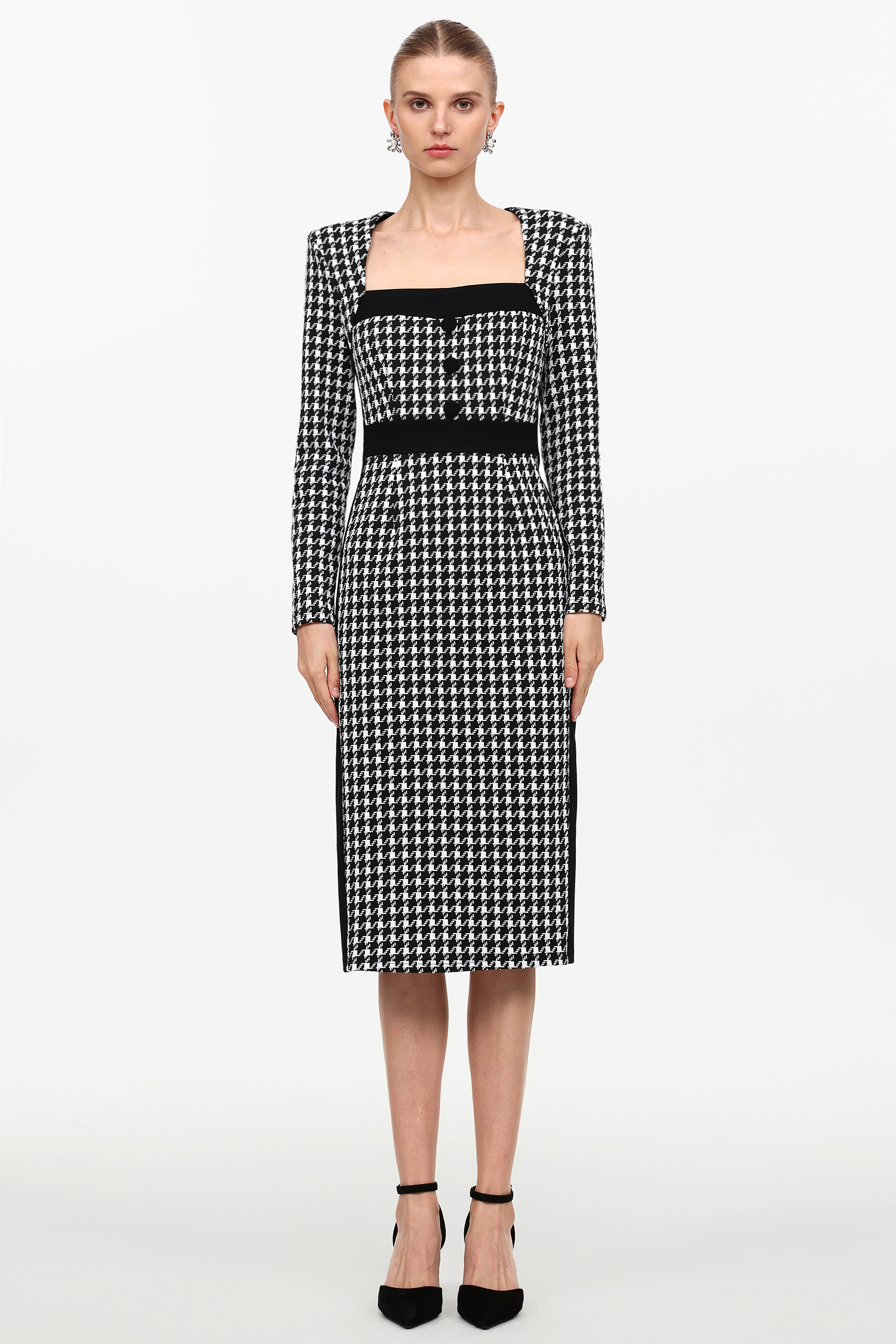 Waner Classic Cinched Waist Square Neck Long Sleeve Houndstooth Tweed Midi Dress