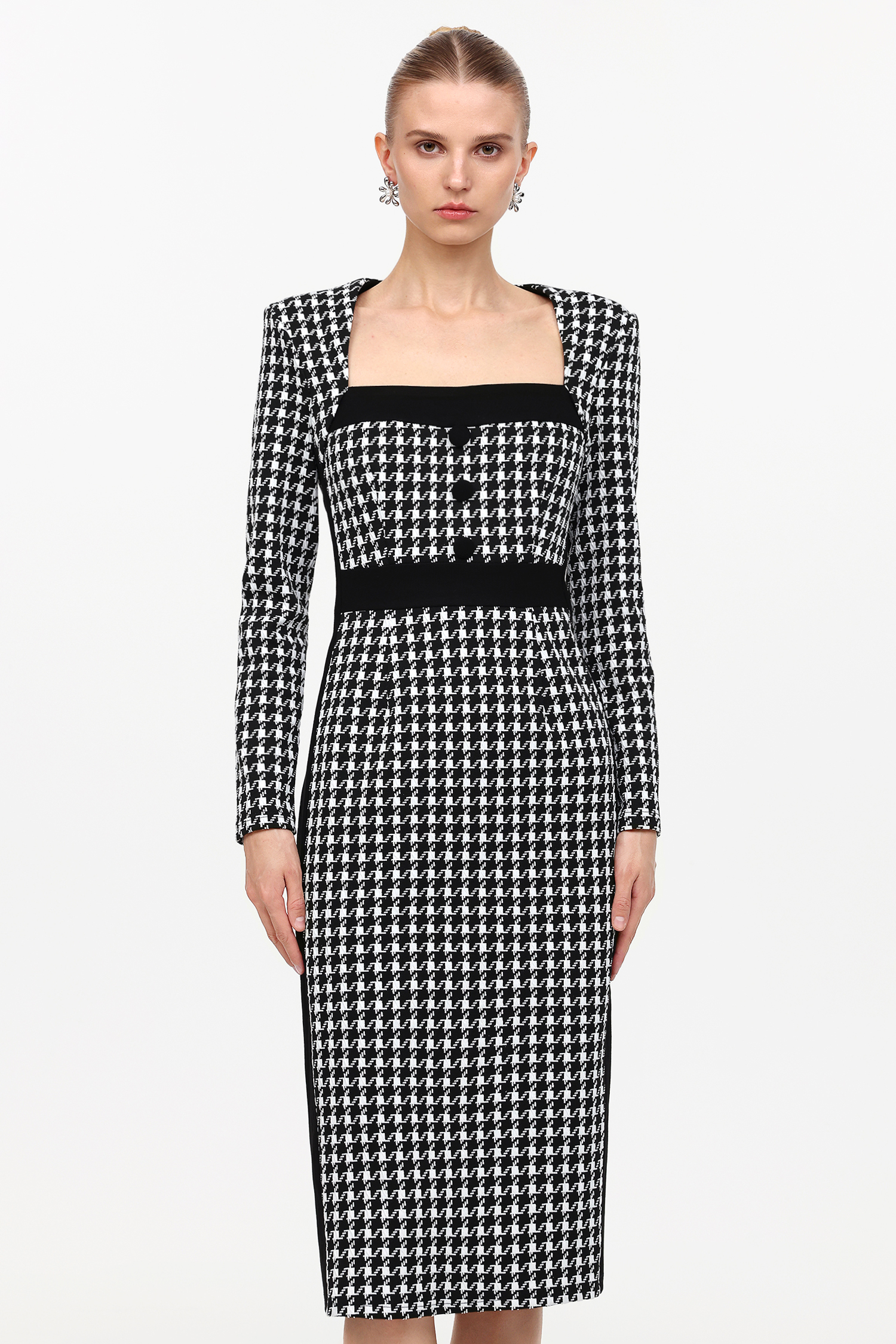 Waner Classic Cinched Waist Square Neck Long Sleeve Houndstooth Tweed Midi Dress