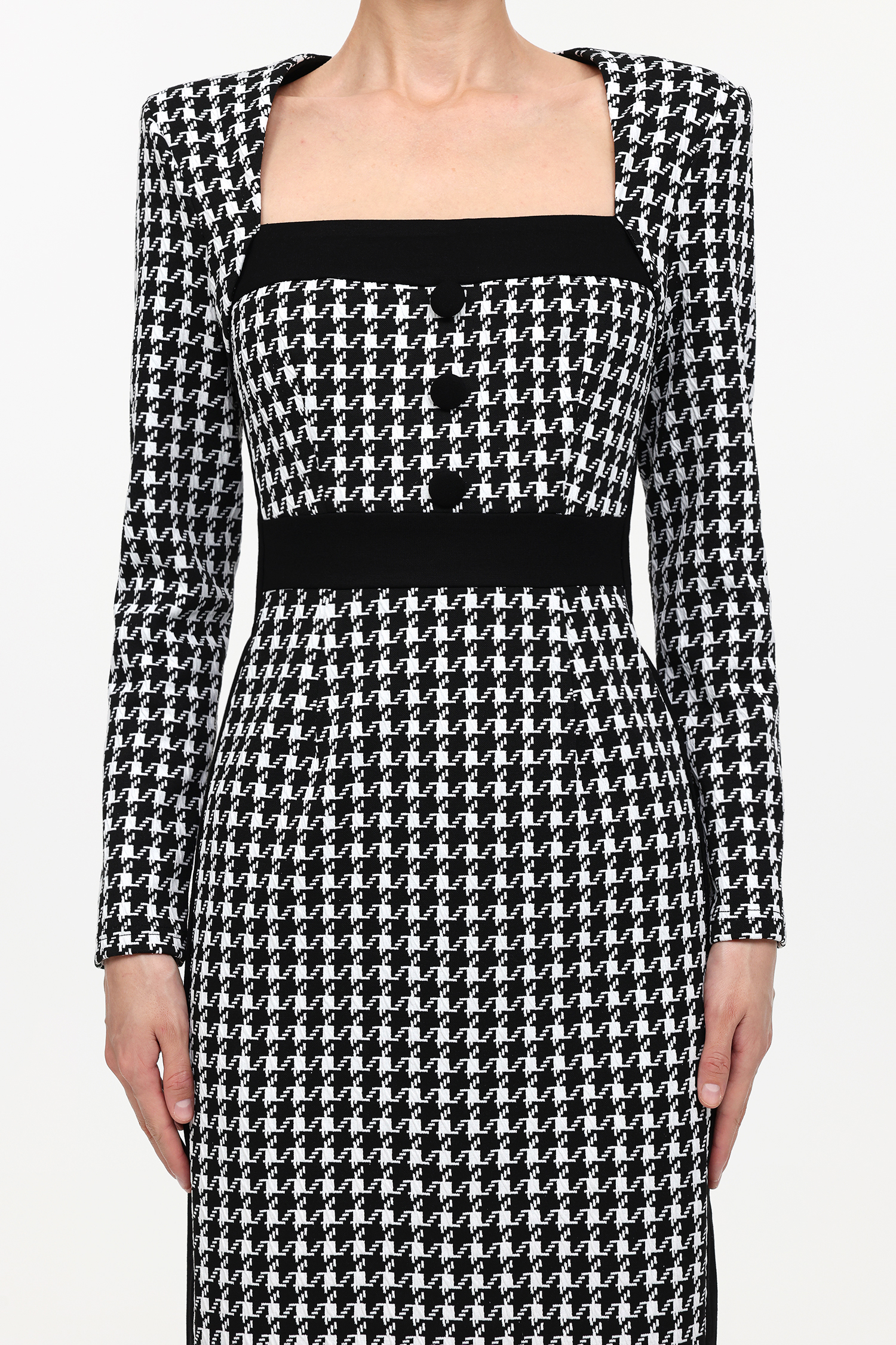 Waner Classic Cinched Waist Square Neck Long Sleeve Houndstooth Tweed Midi Dress