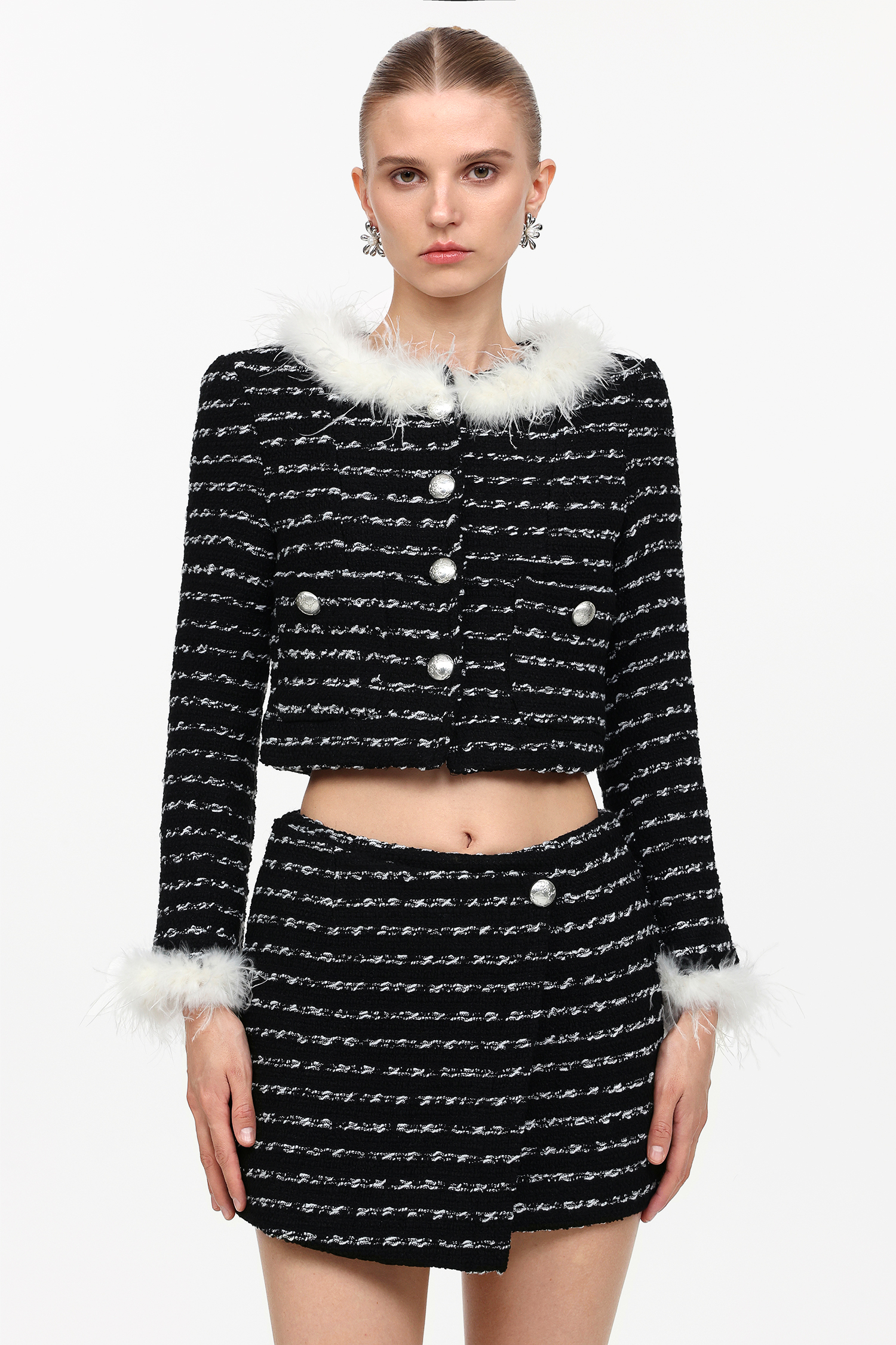 Verza Classic Tailored Long Sleeve Feather Tweed Top And Skirt Two-Piece Set