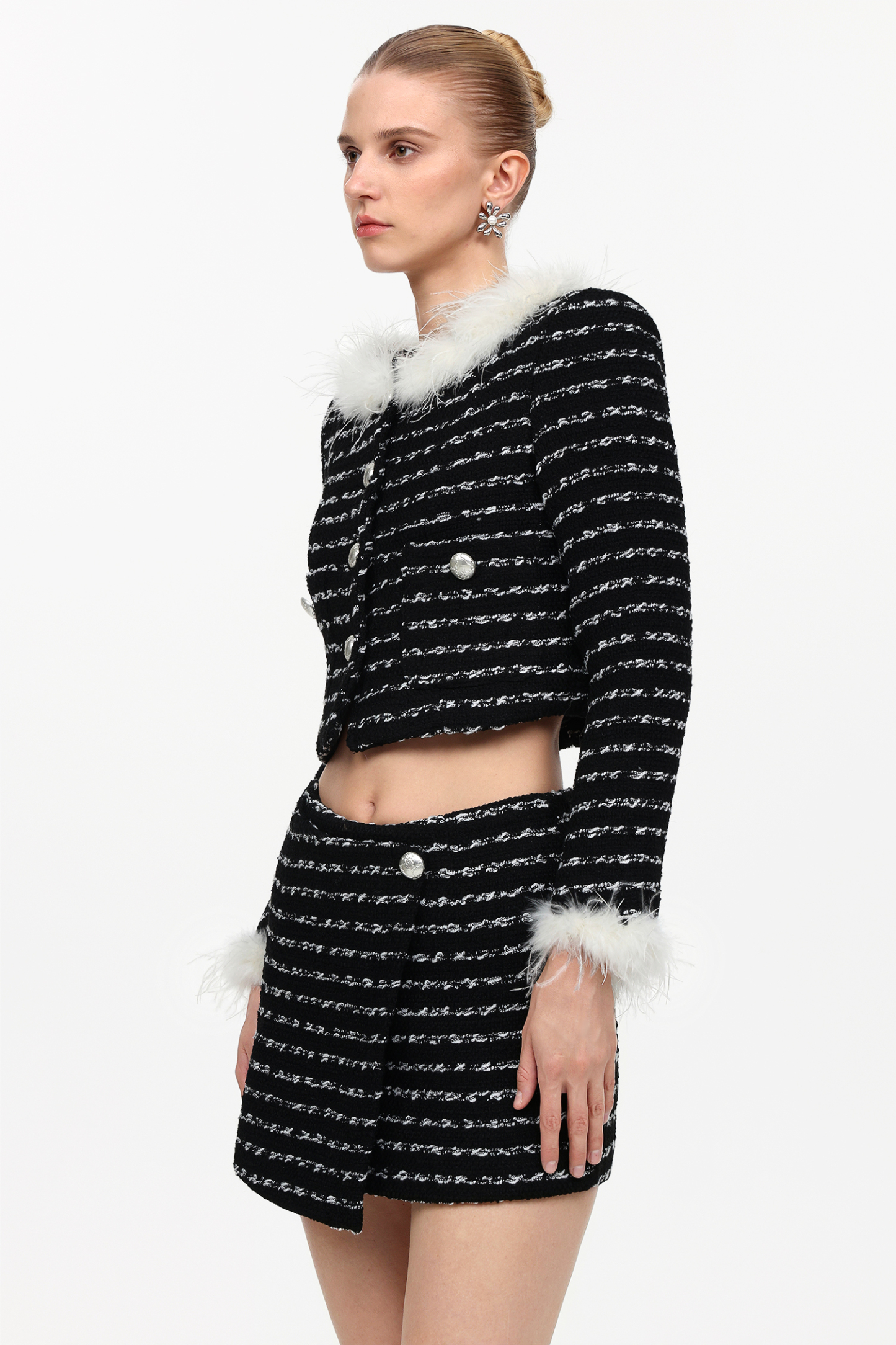 Verza Classic Tailored Long Sleeve Feather Tweed Top And Skirt Two-Piece Set