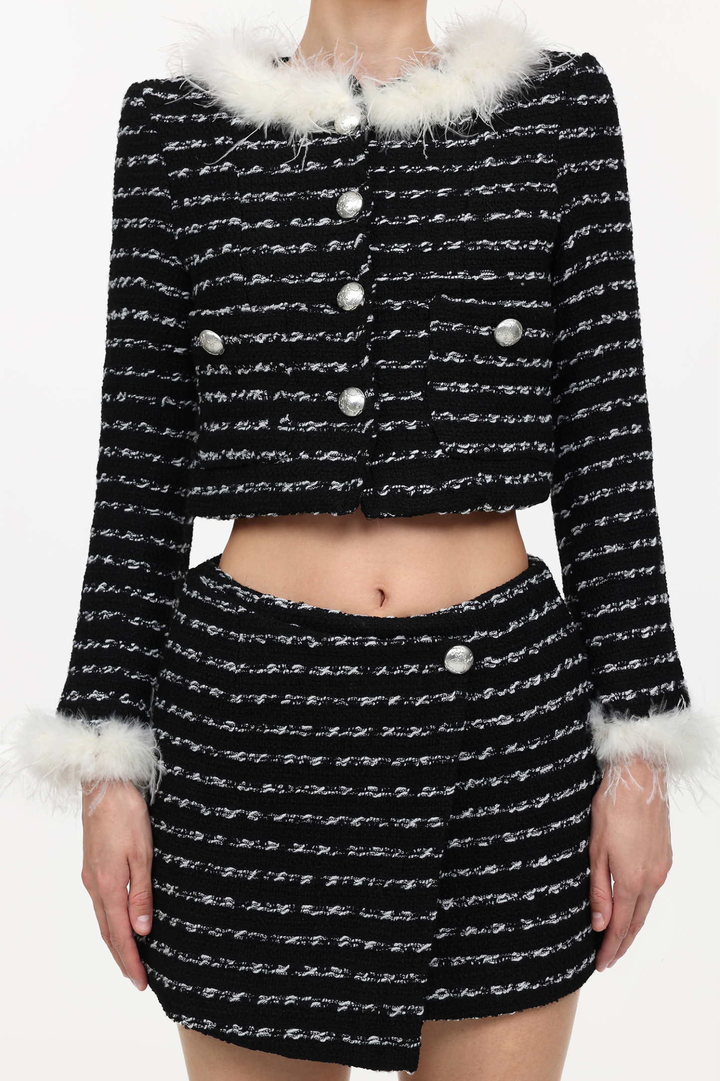 Verza Classic Tailored Long Sleeve Feather Tweed Top And Skirt Two-Piece Set