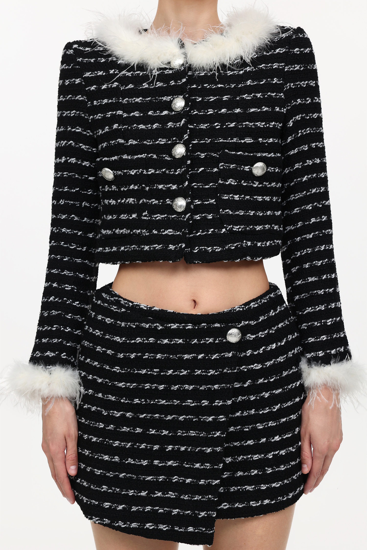 Verza Classic Tailored Long Sleeve Feather Tweed Top And Skirt Two-Piece Set