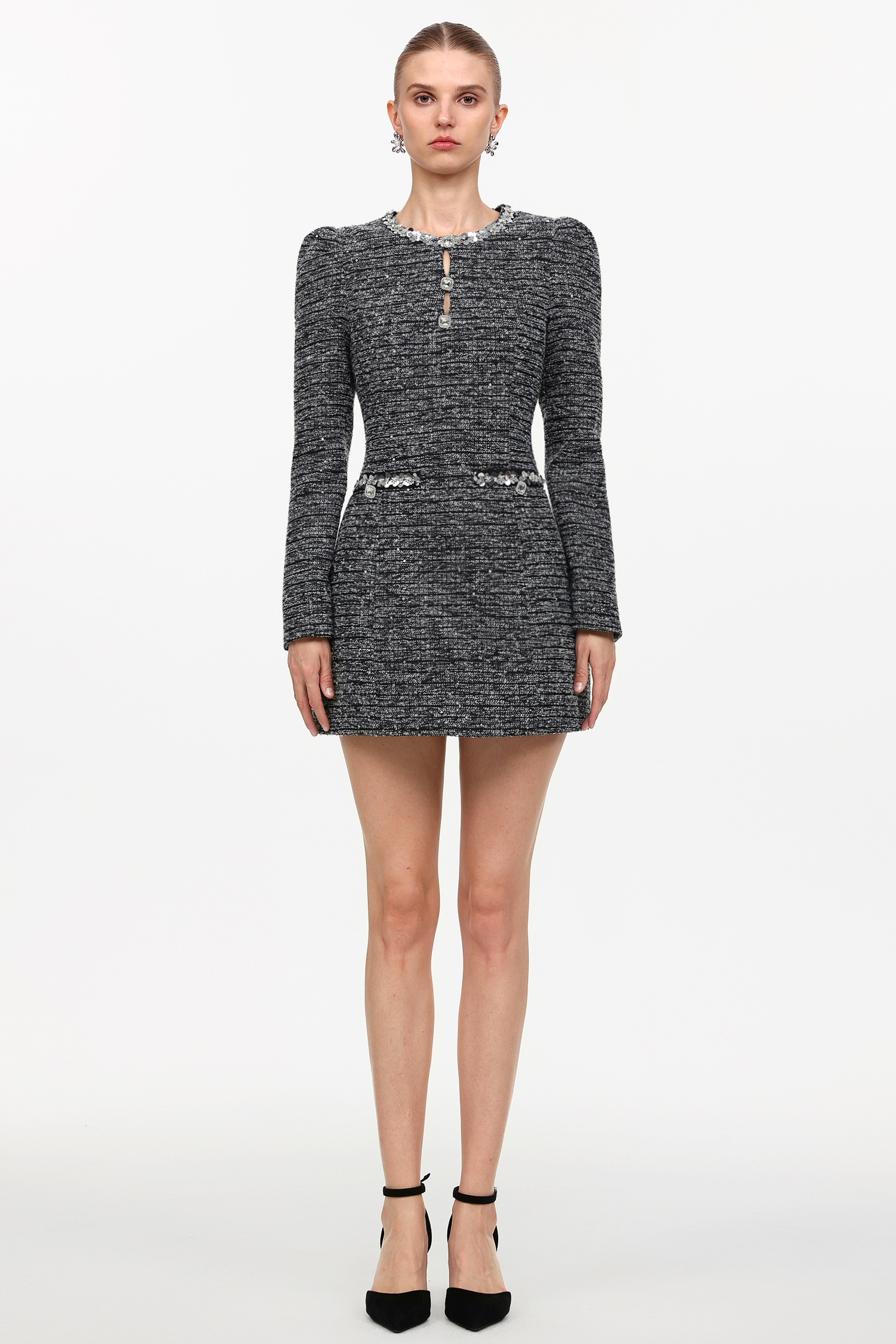 Lexy Chic Tailored Round Neck Long Sleeve Sequin Tweed Mini Dress