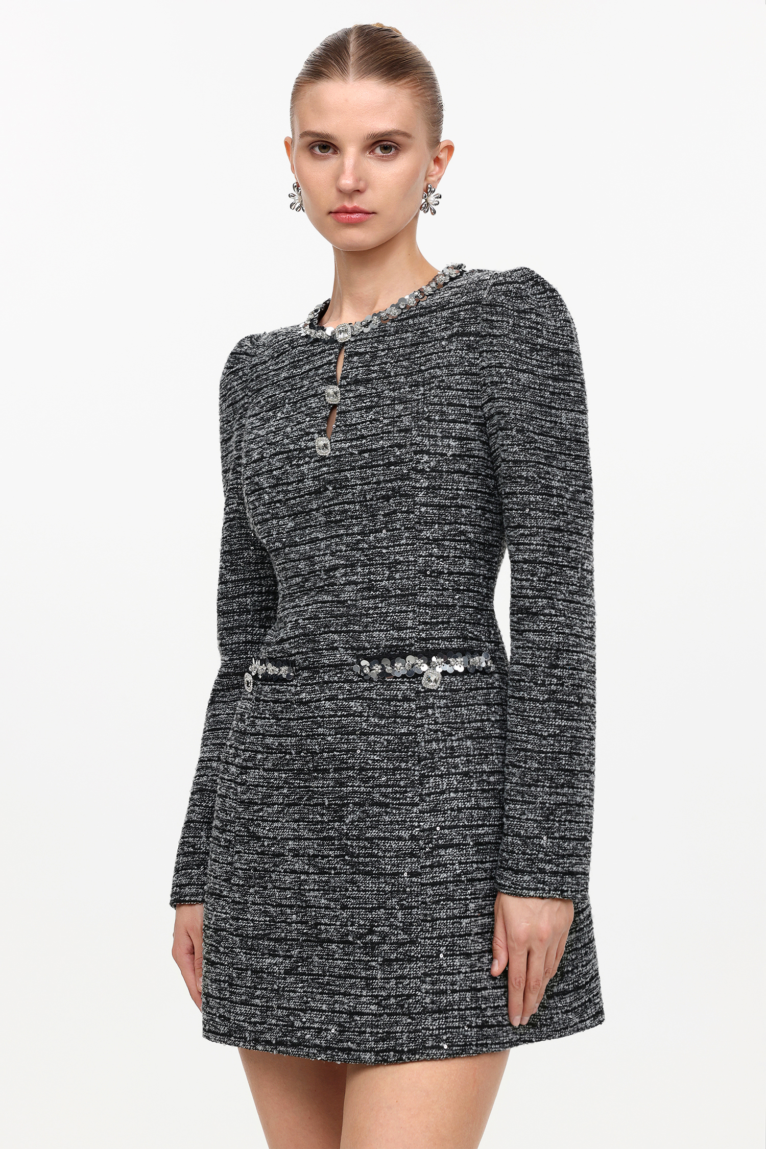 Lexy Chic Tailored Round Neck Long Sleeve Sequin Tweed Mini Dress