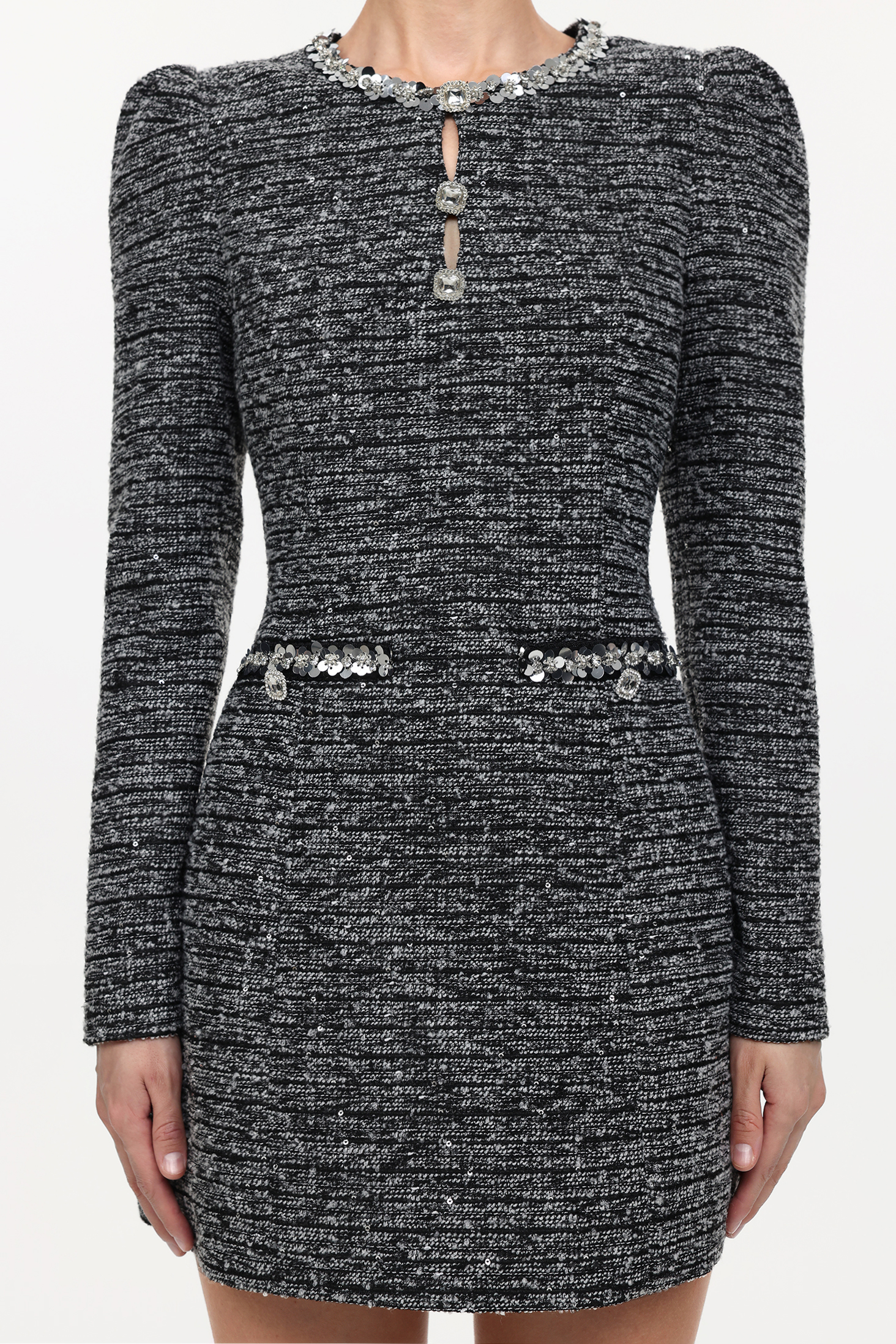 Lexy Chic Tailored Round Neck Long Sleeve Sequin Tweed Mini Dress