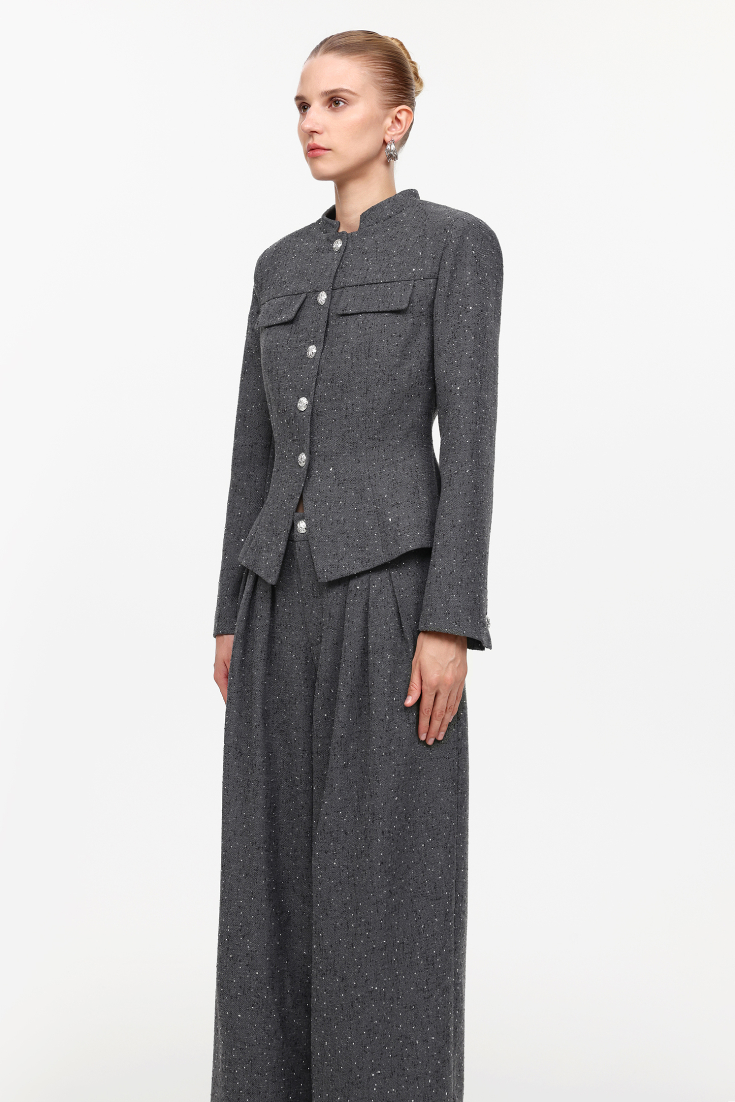 Jye Classic Tailored Long Sleeve Rhinestone Woven Blazer And Pants Two-Piece Set