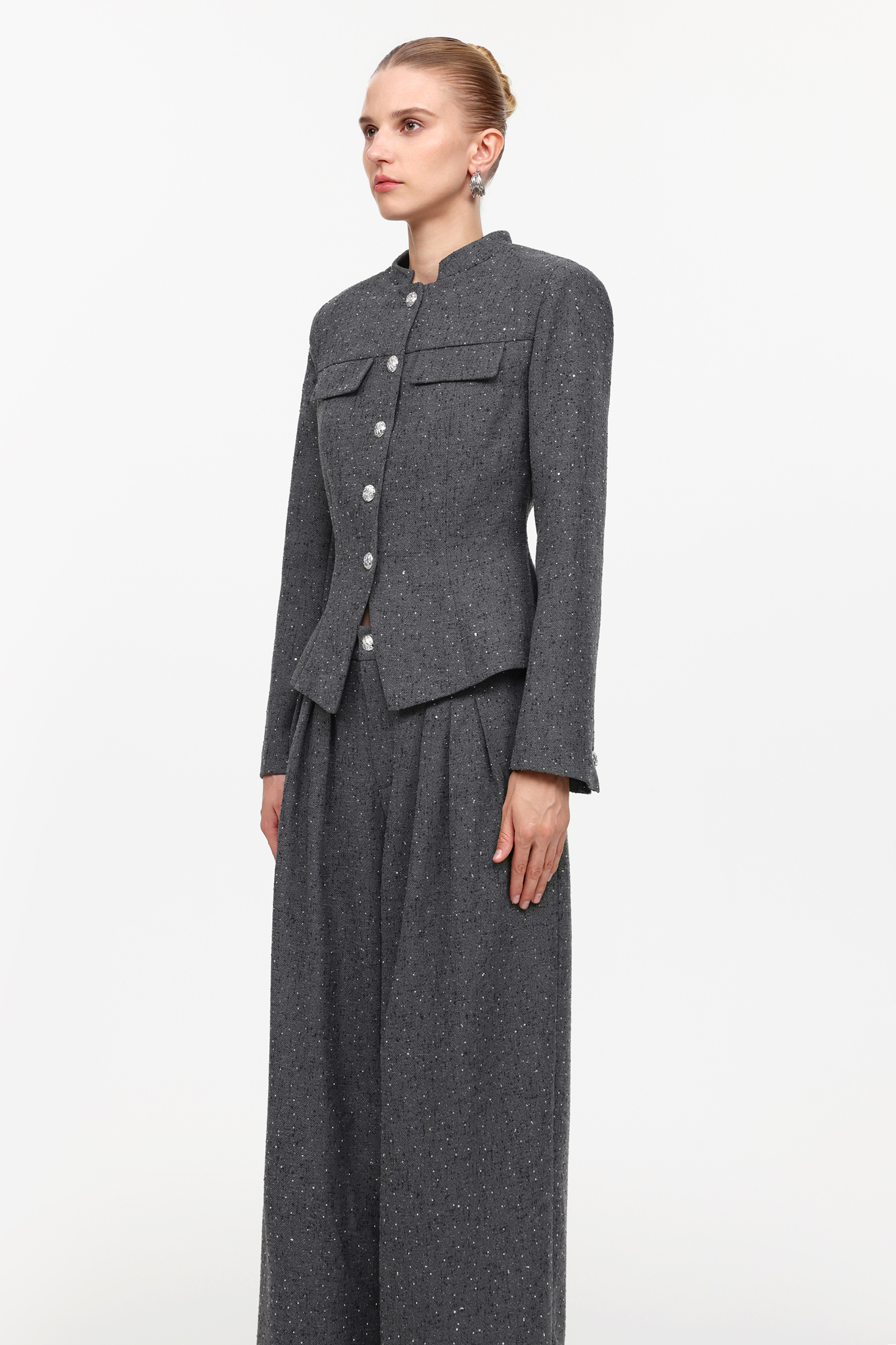 Jye Classic Tailored Long Sleeve Rhinestone Woven Blazer And Pants Two-Piece Set