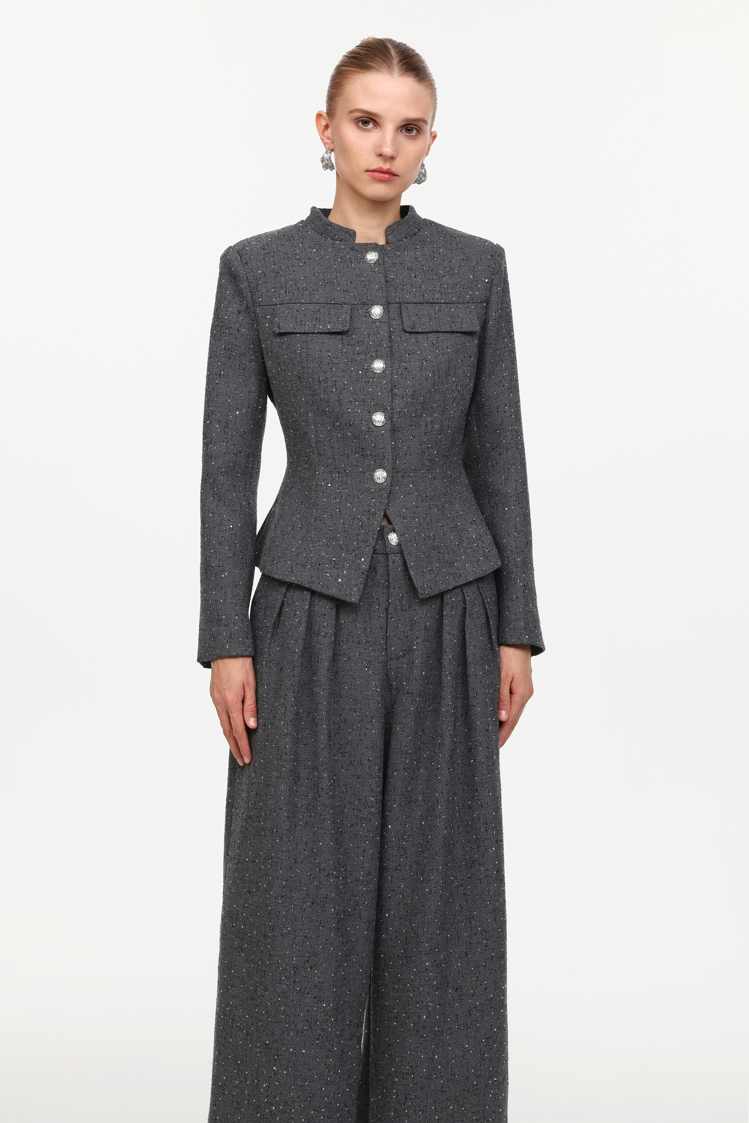 Jye Classic Tailored Long Sleeve Rhinestone Woven Blazer And Pants Two-Piece Set