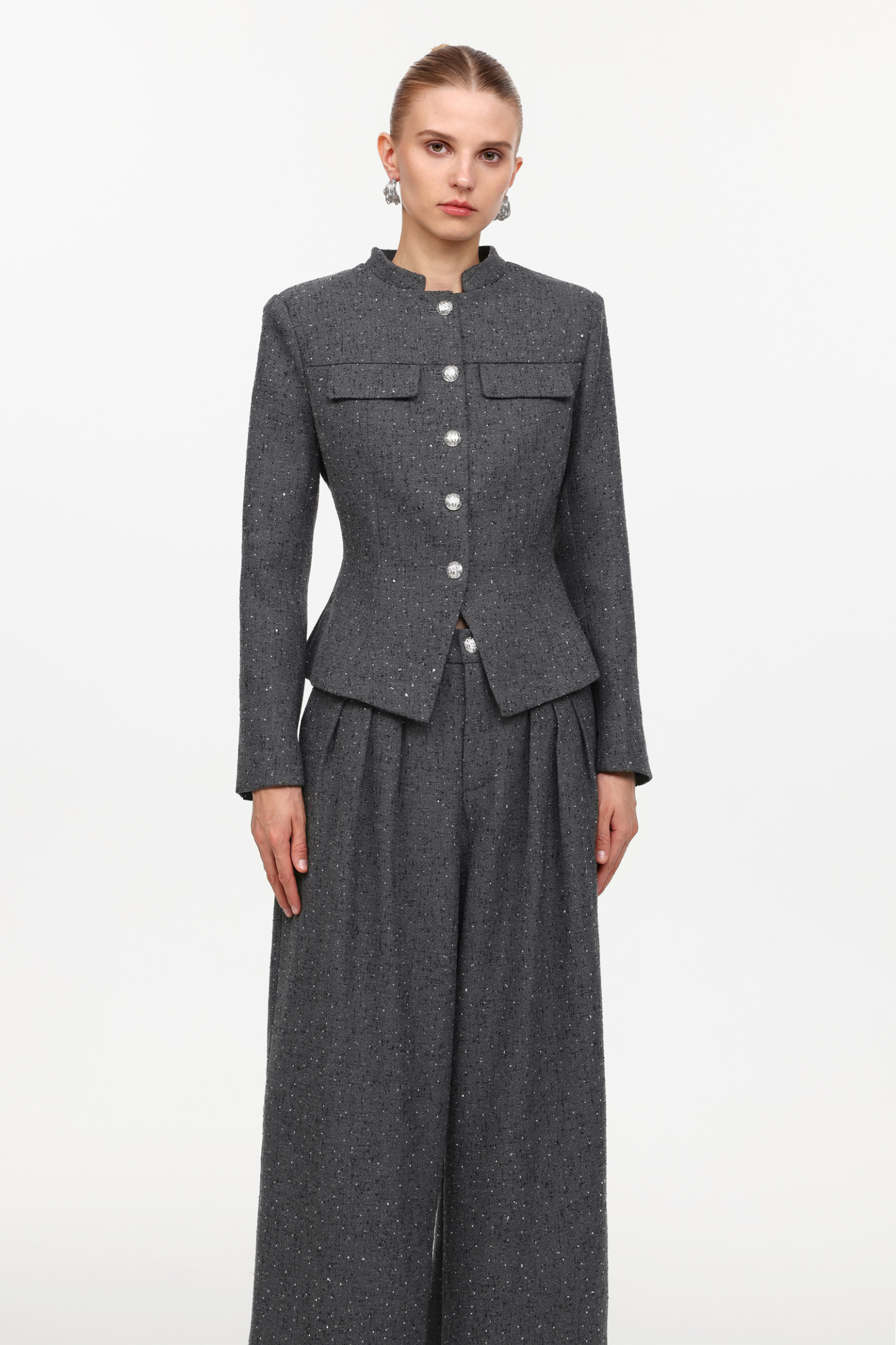 Jye Classic Tailored Long Sleeve Rhinestone Woven Blazer And Pants Two-Piece Set