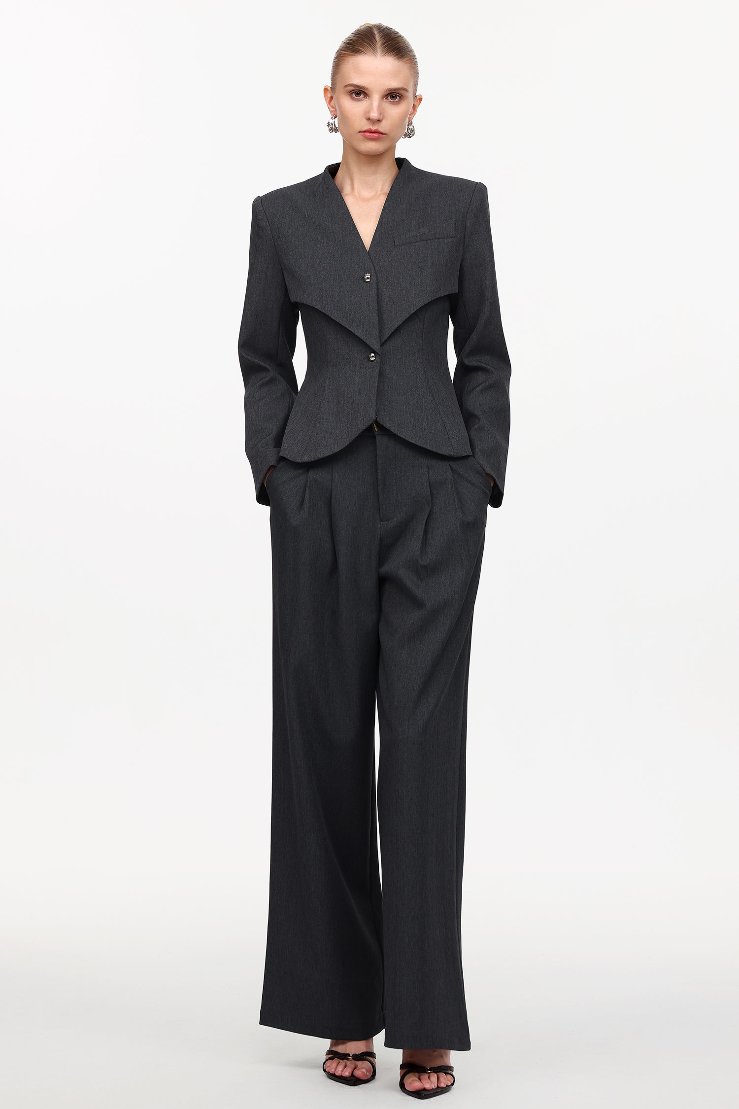 Elin Chic Tailored Long Sleeve Woven Blazer And Pants Two-Piece Set