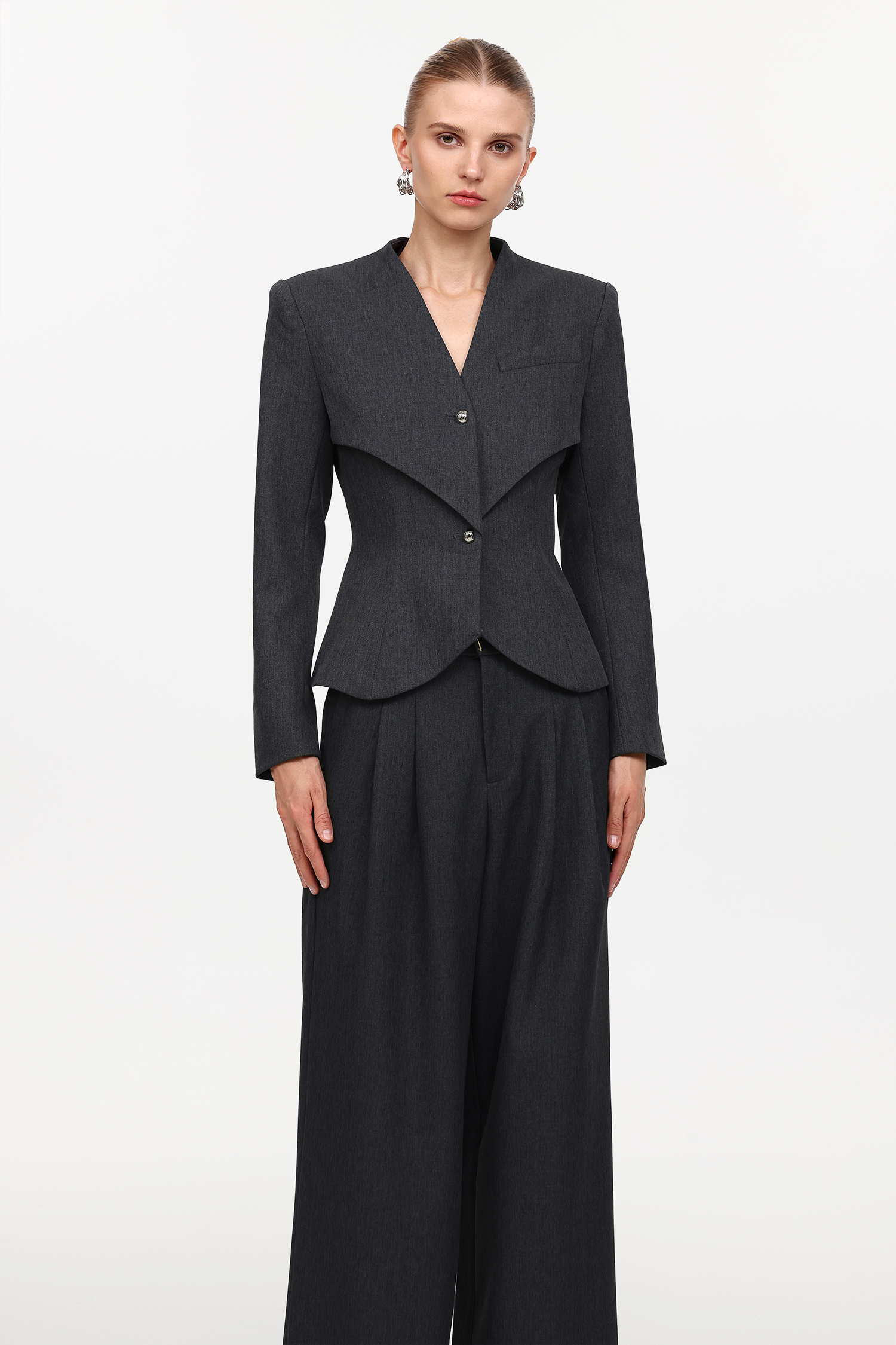 Elin Chic Tailored Long Sleeve Woven Blazer And Pants Two-Piece Set