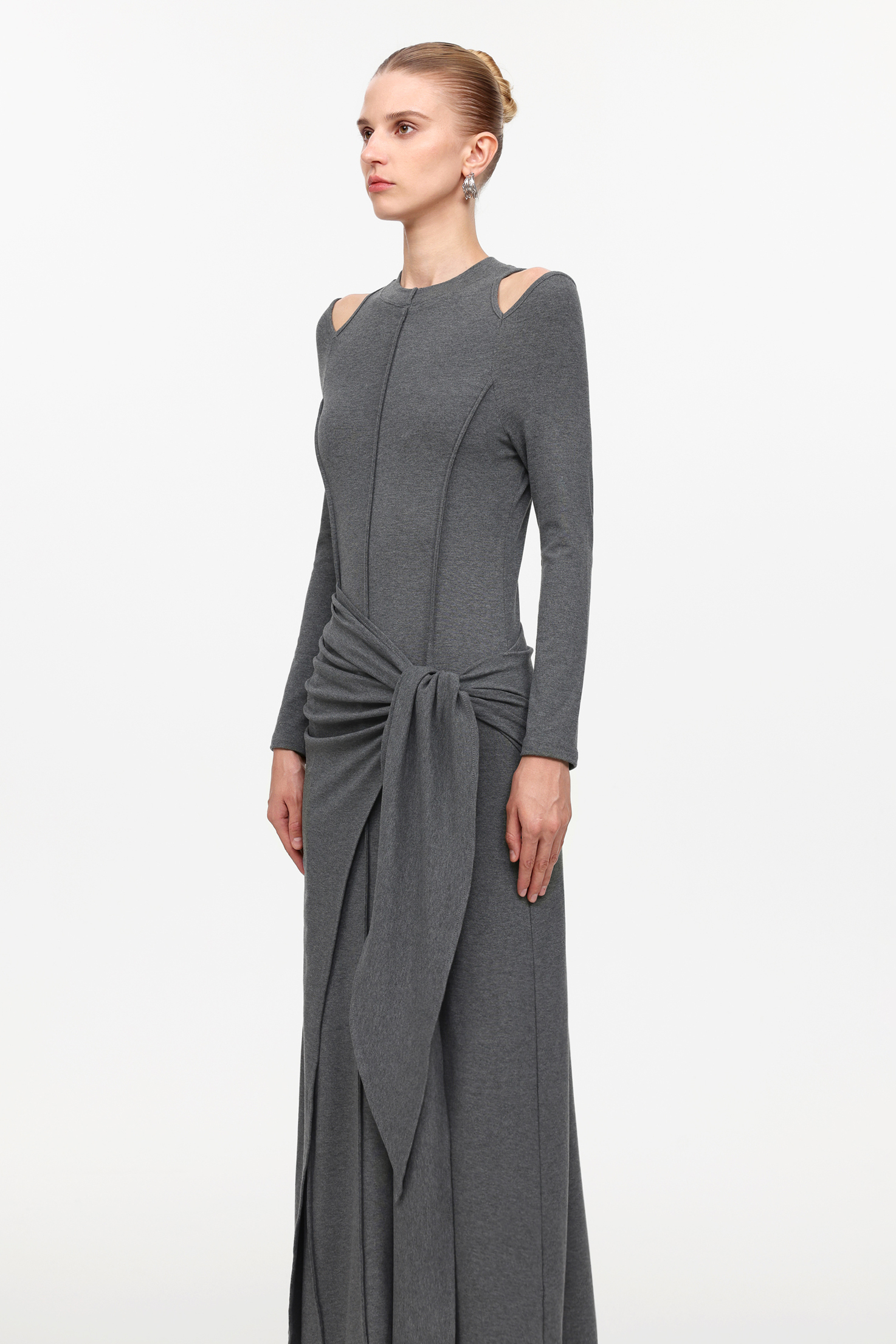 Silas Chic Contour Cut Out Long Sleeve Knot Knit Maxi Dress