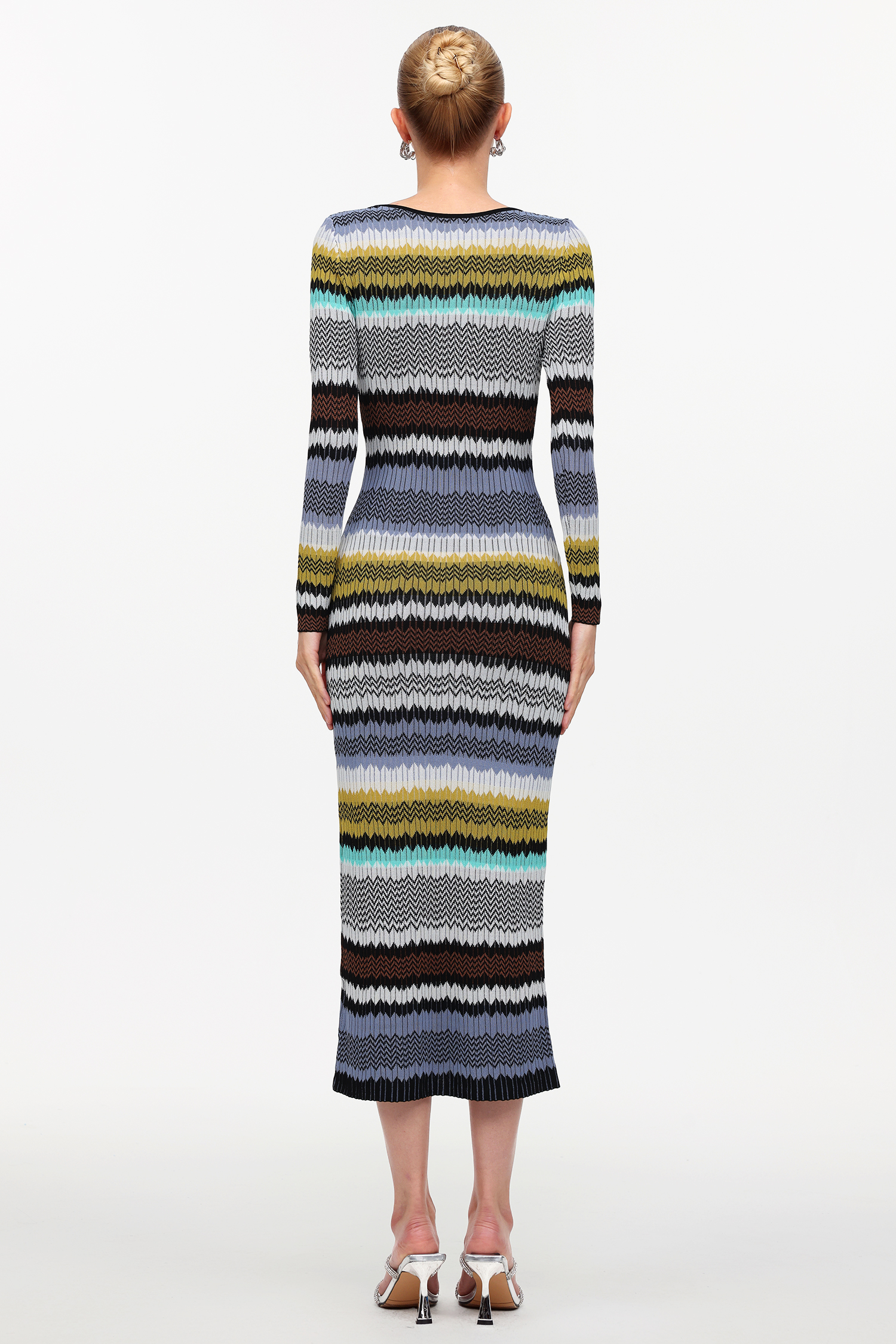 Nialla Elegant Contour Round Neck Long Sleeve Stripe Knit Maxi Dress