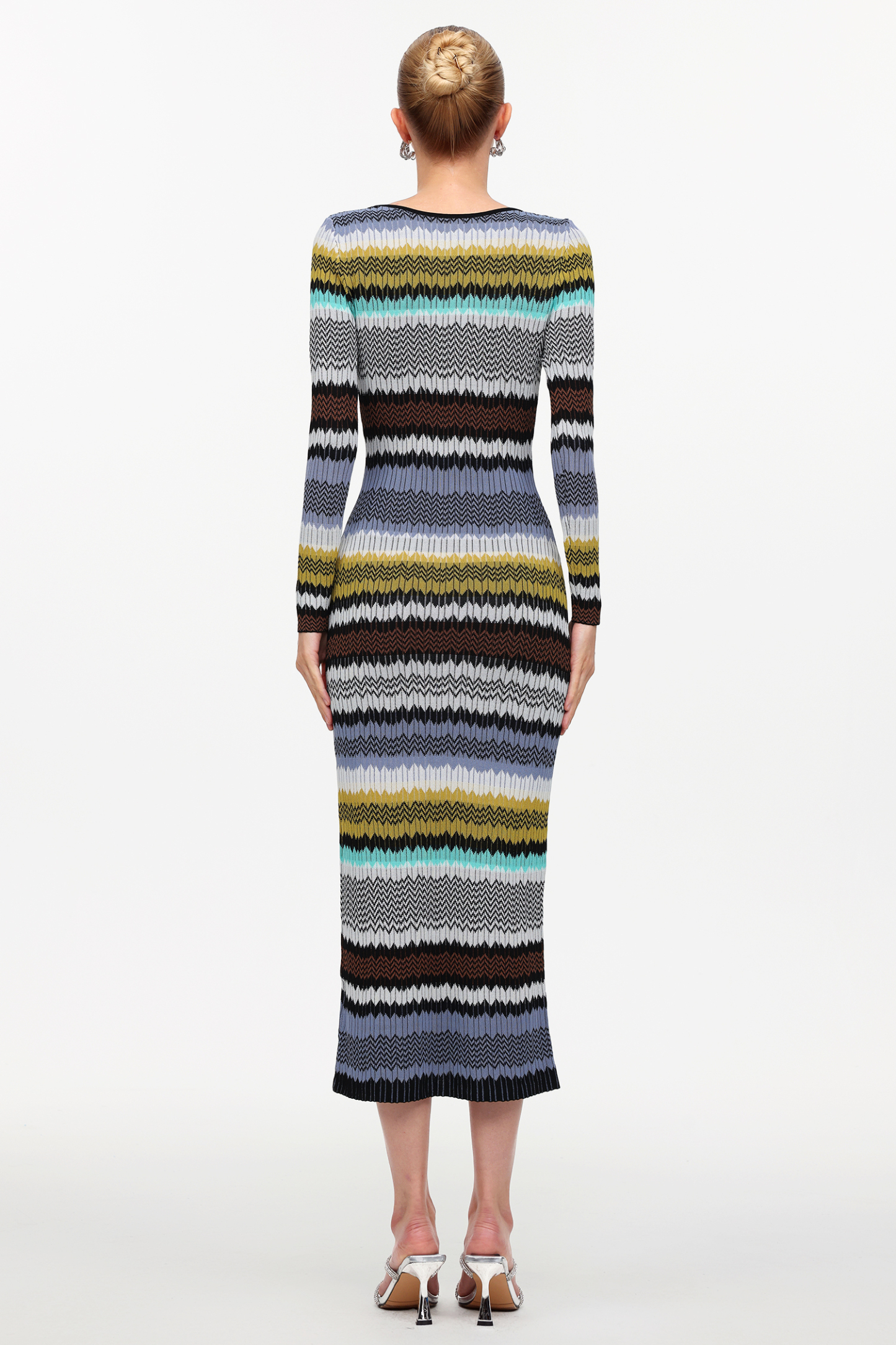 Nialla Elegant Contour Round Neck Long Sleeve Stripe Knit Maxi Dress