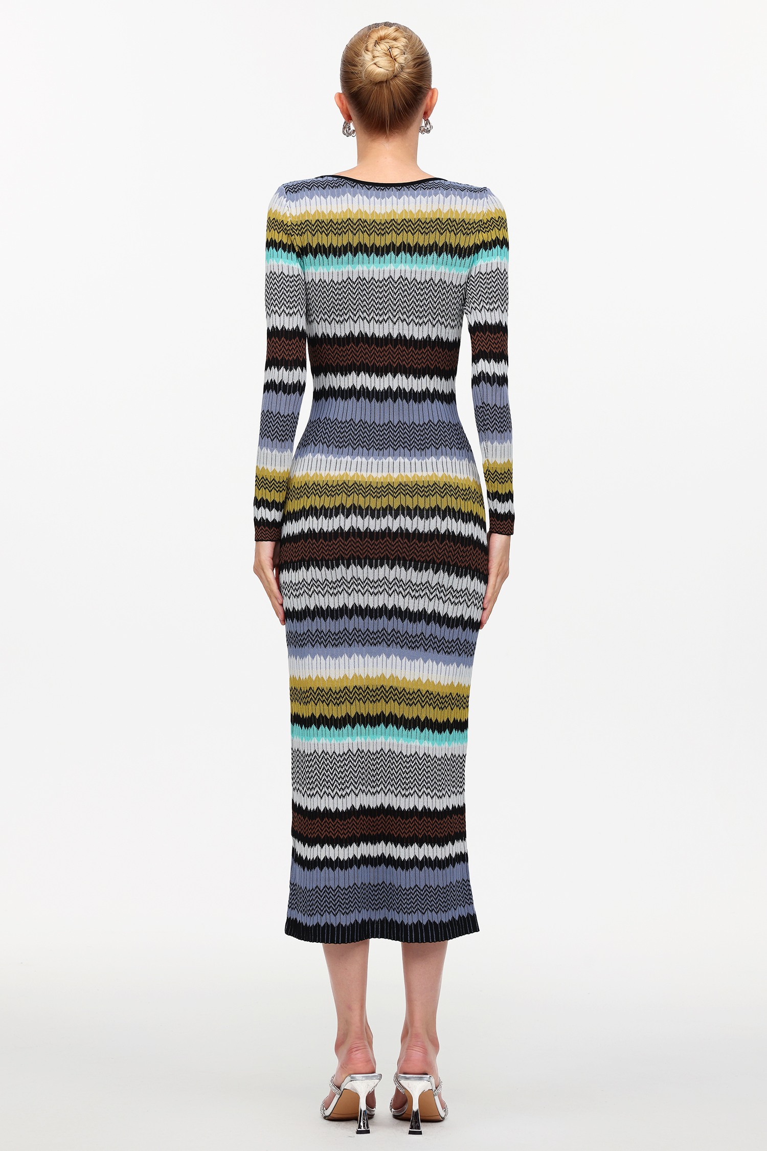 Nialla Elegant Contour Round Neck Long Sleeve Stripe Knit Maxi Dress