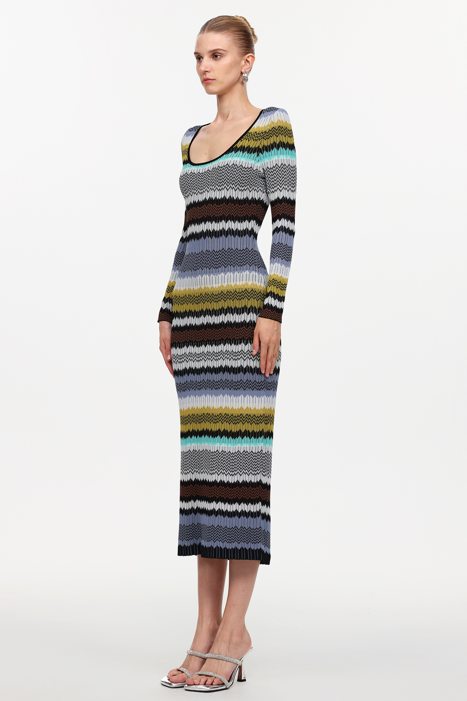 Nialla Elegant Contour Round Neck Long Sleeve Stripe Knit Maxi Dress