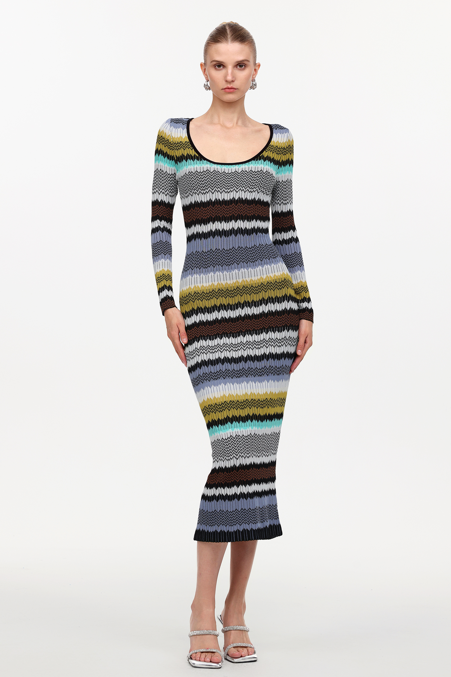 Nialla Elegant Contour Round Neck Long Sleeve Stripe Knit Maxi Dress