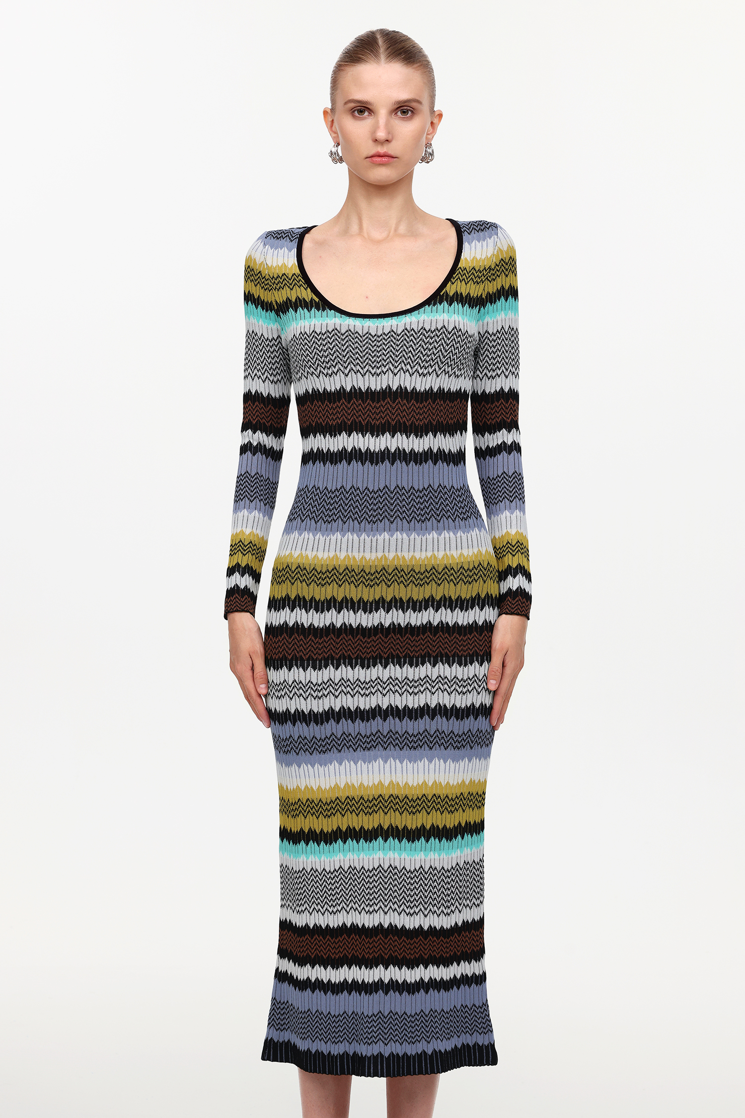 Nialla Elegant Contour Round Neck Long Sleeve Stripe Knit Maxi Dress