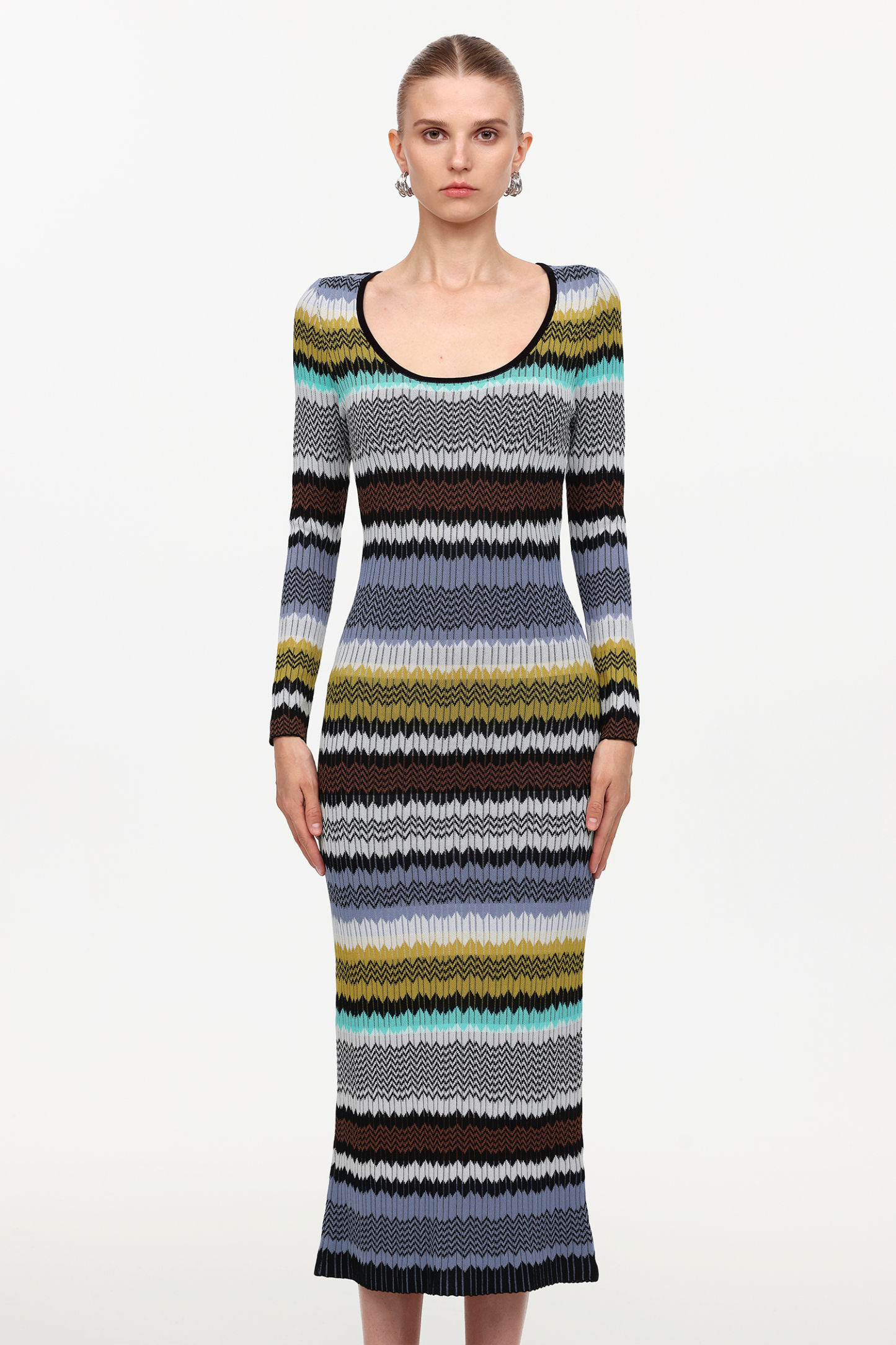 Nialla Elegant Contour Round Neck Long Sleeve Stripe Knit Maxi Dress