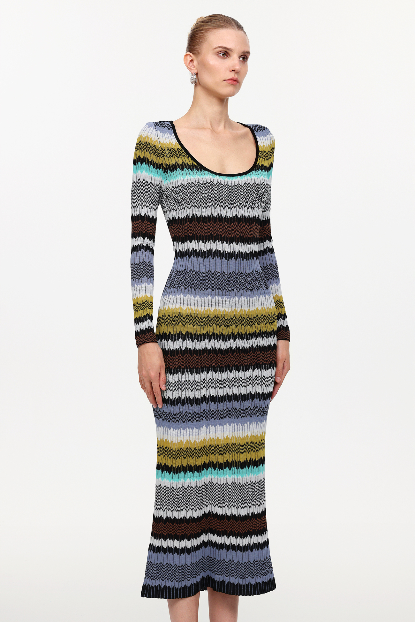 Nialla Elegant Contour Round Neck Long Sleeve Stripe Knit Maxi Dress