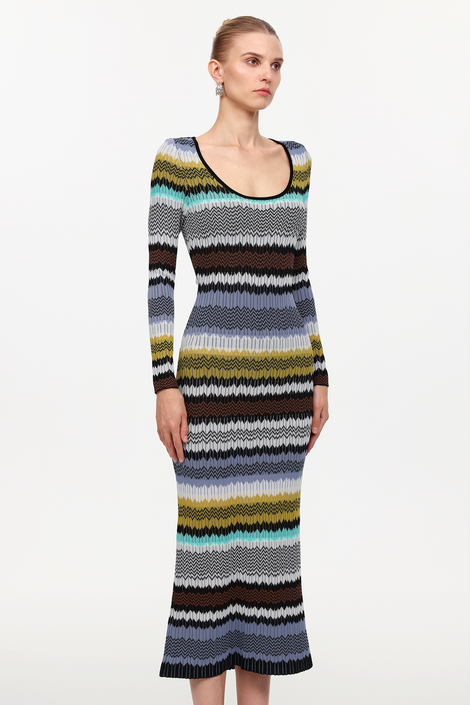 Nialla Elegant Contour Round Neck Long Sleeve Stripe Knit Maxi Dress