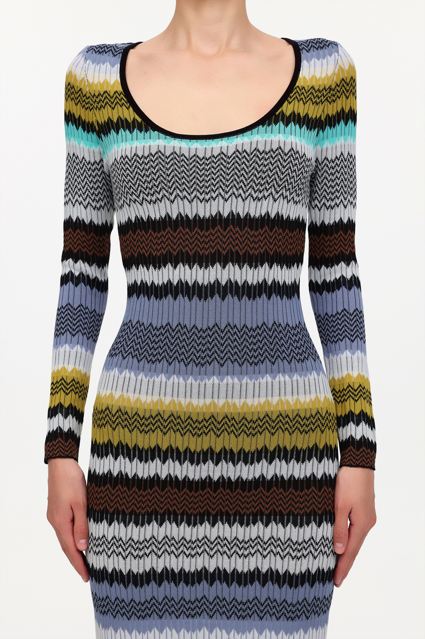 Nialla Elegant Contour Round Neck Long Sleeve Stripe Knit Maxi Dress