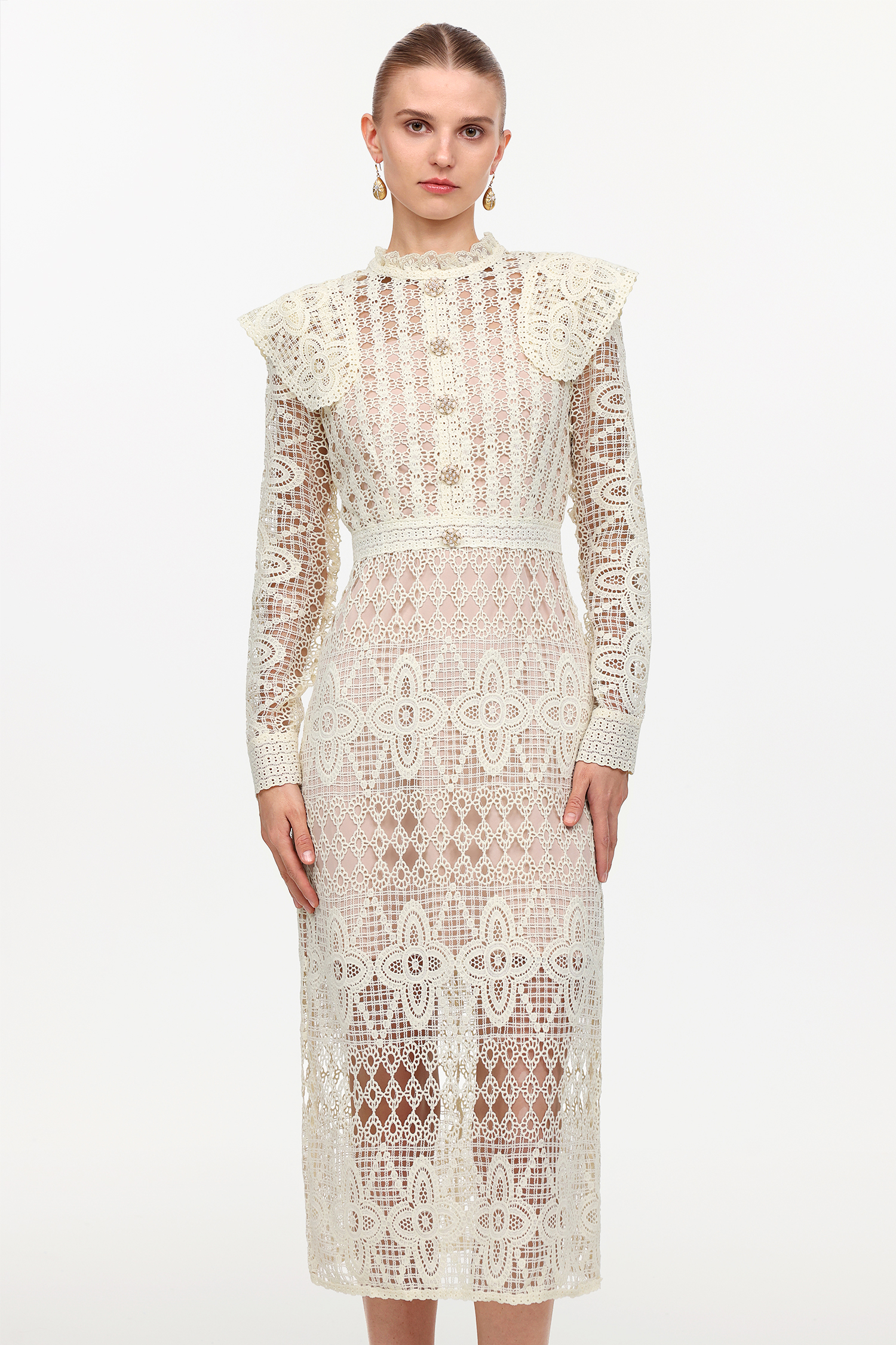 Elliott Vintage Tailored Long Sleeve Lace Midi Dress