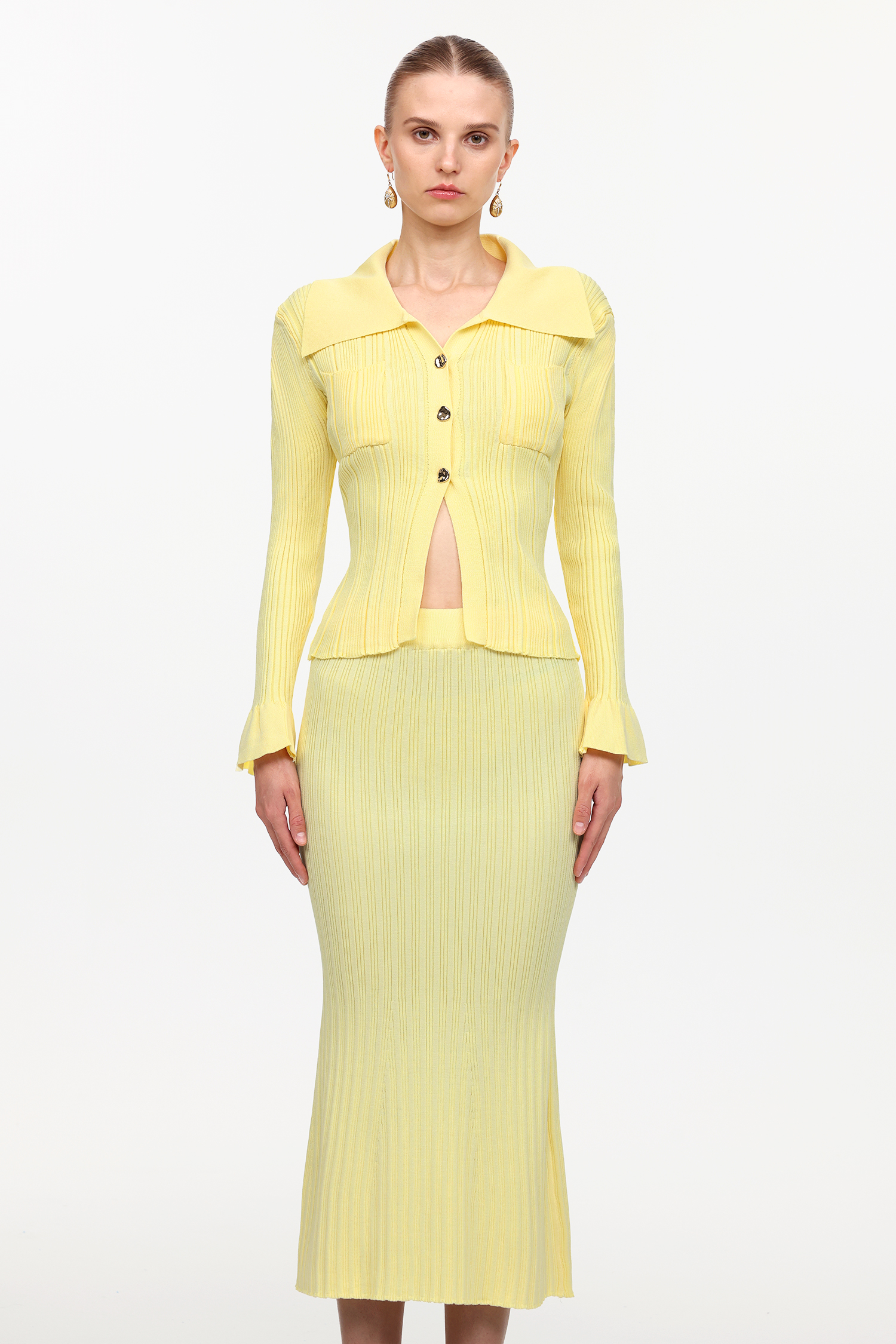 Sarai Elegant Contour Long Sleeve Falbala Knit Top And Skirt Two-Piece Set