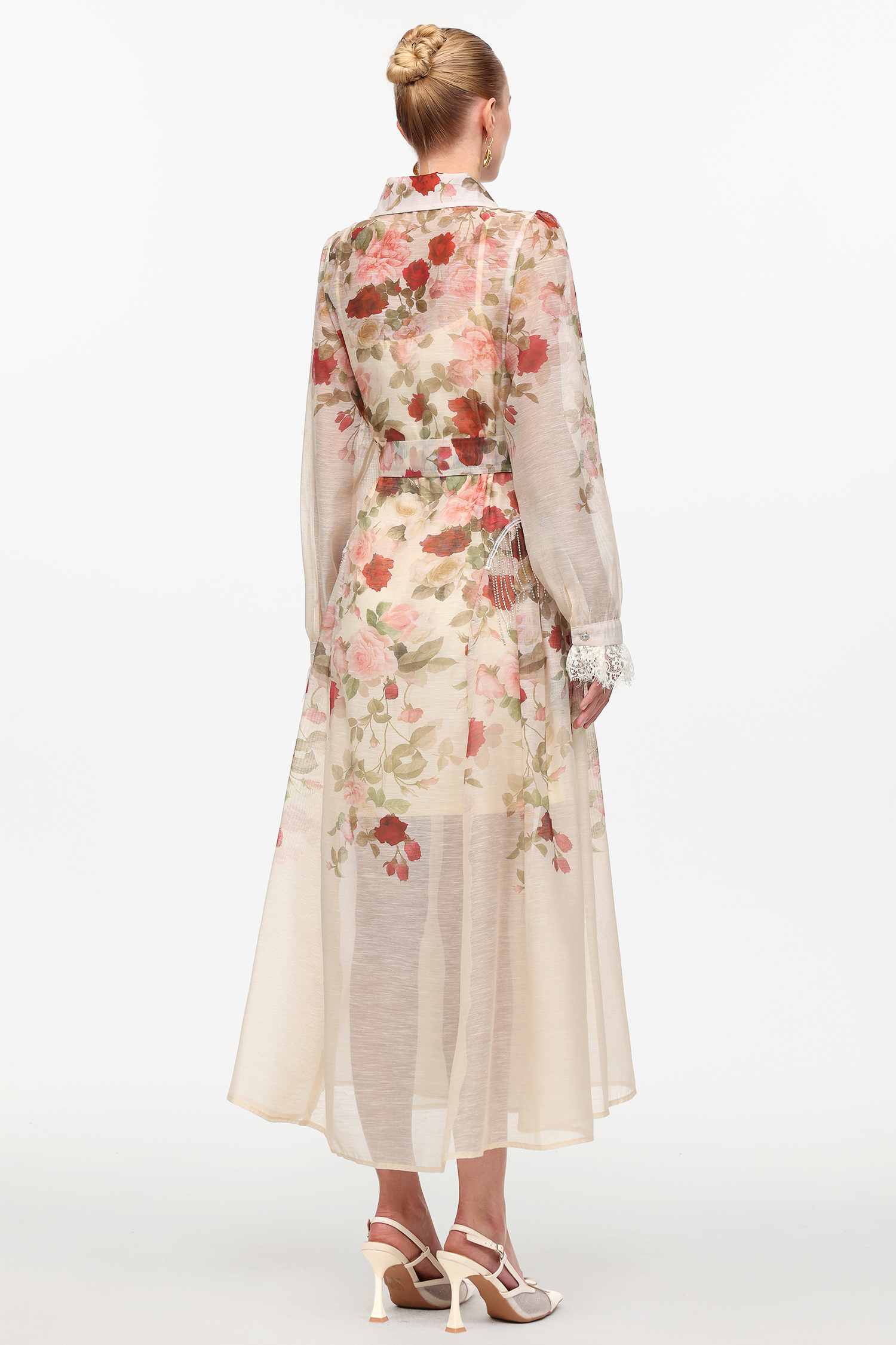 Glenda Resort Flowy Long Sleeve Printed Woven Beige Maxi Dress