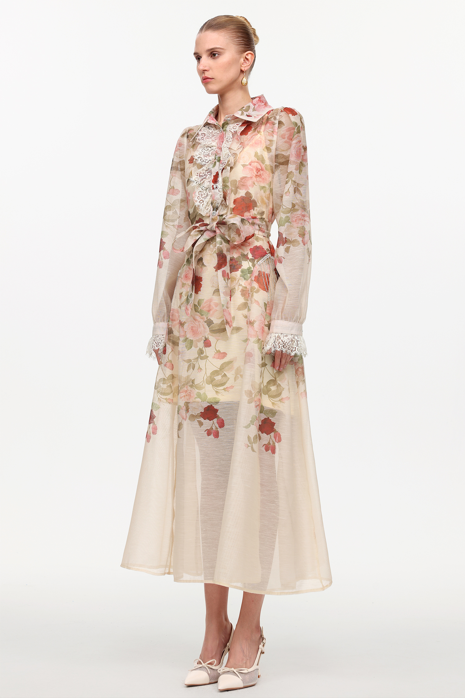 Glenda Resort Flowy Long Sleeve Printed Woven Beige Maxi Dress