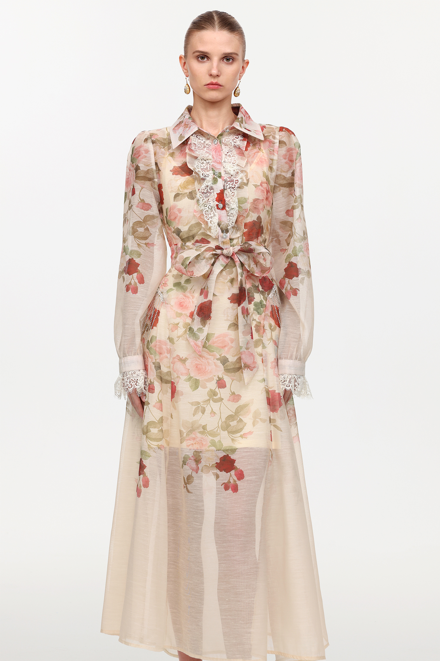 Glenda Resort Flowy Long Sleeve Printed Woven Beige Maxi Dress