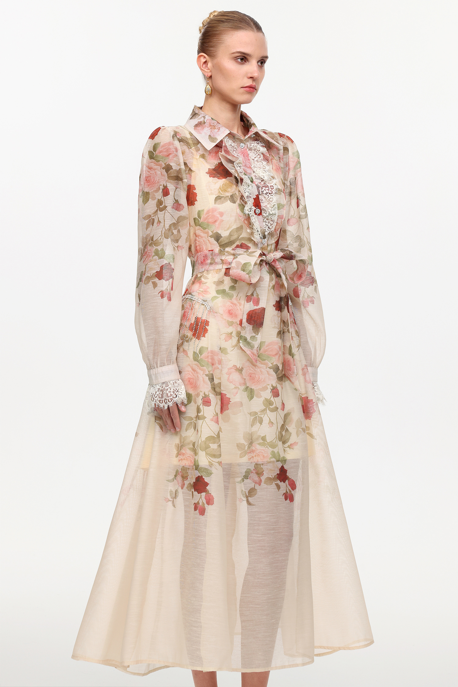 Glenda Resort Flowy Long Sleeve Printed Woven Beige Maxi Dress