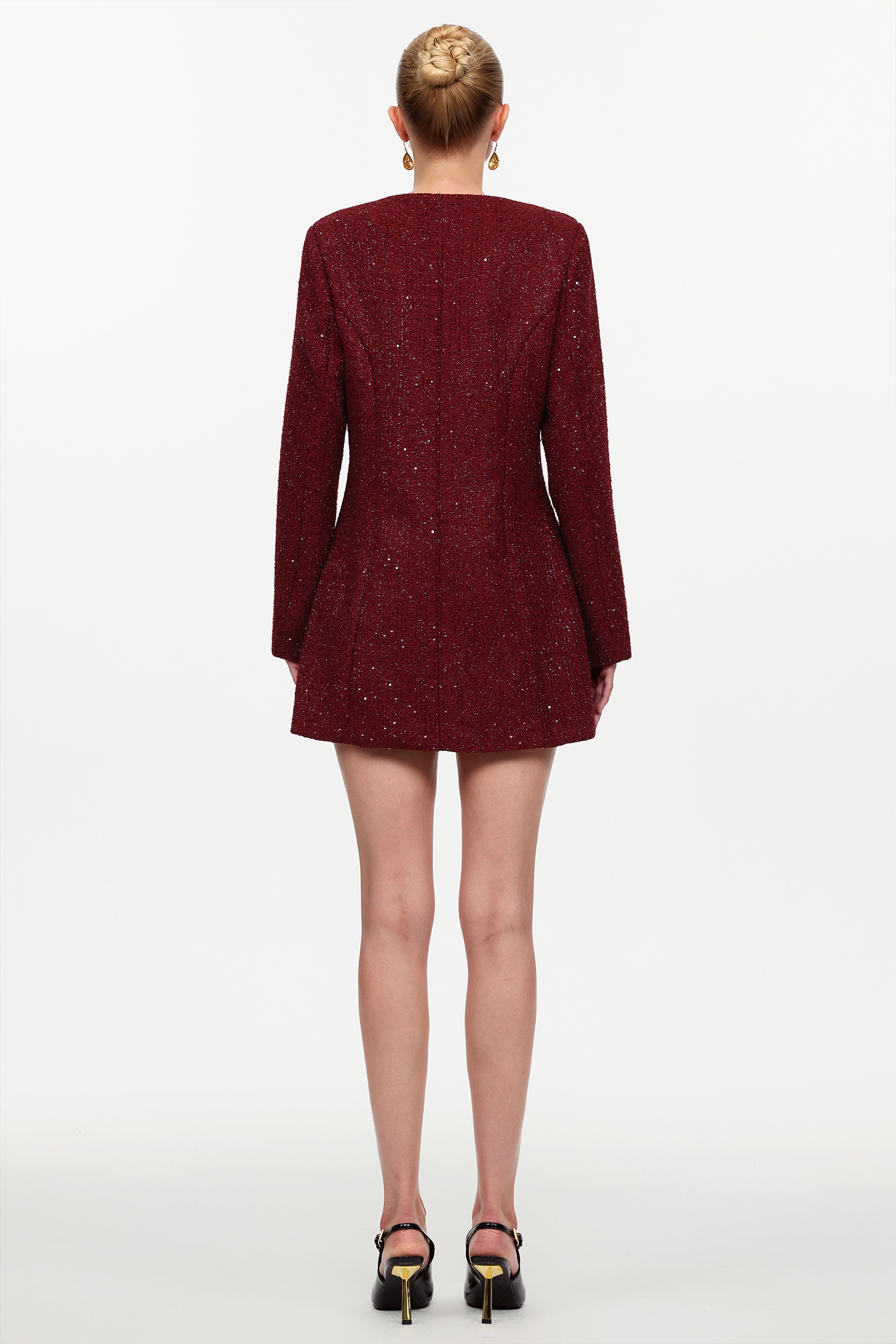 Farera Elegant Cinched Waist Round Neck Long Sleeve Tweed Mini Dress