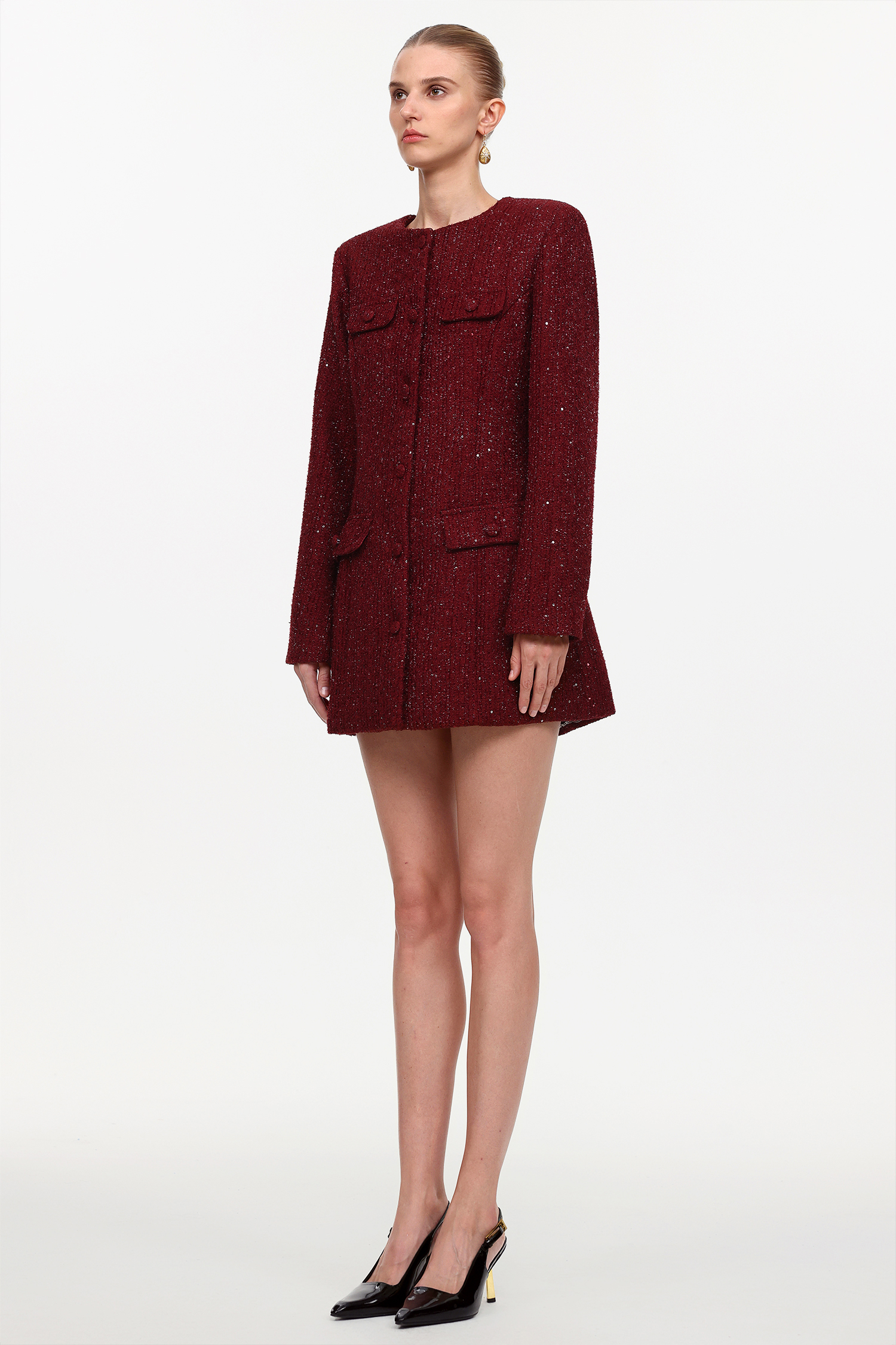 Farera Elegant Cinched Waist Round Neck Long Sleeve Tweed Mini Dress