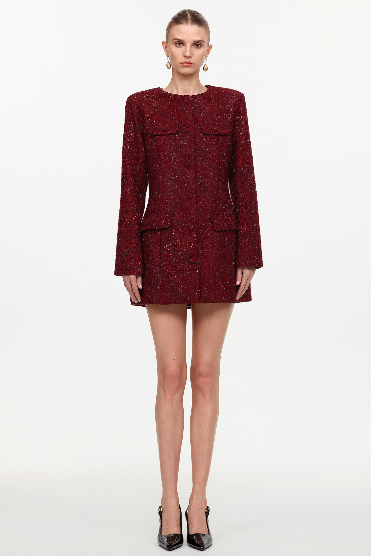 Farera Elegant Cinched Waist Round Neck Long Sleeve Tweed Mini Dress