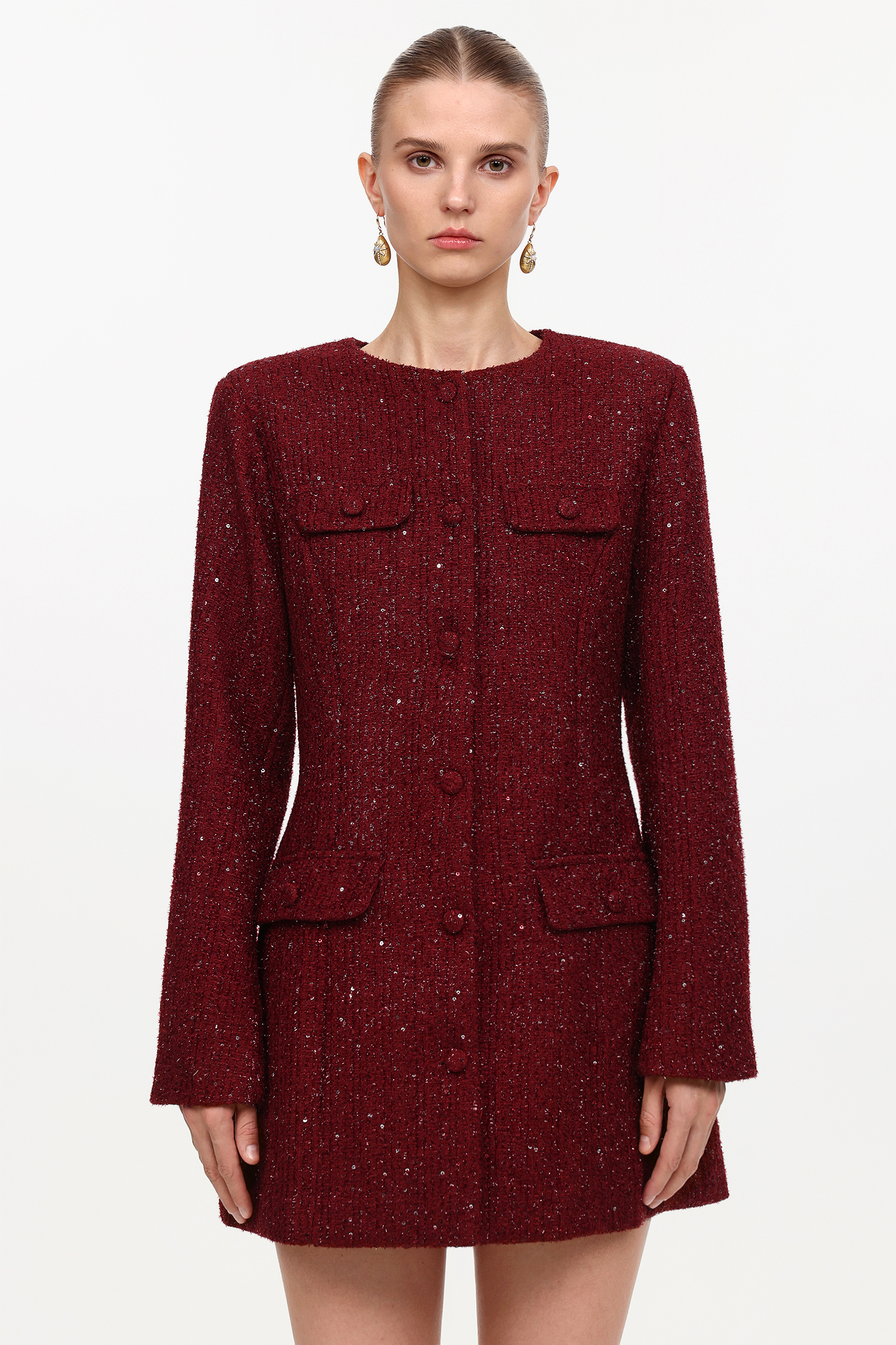 Farera Elegant Cinched Waist Round Neck Long Sleeve Tweed Mini Dress