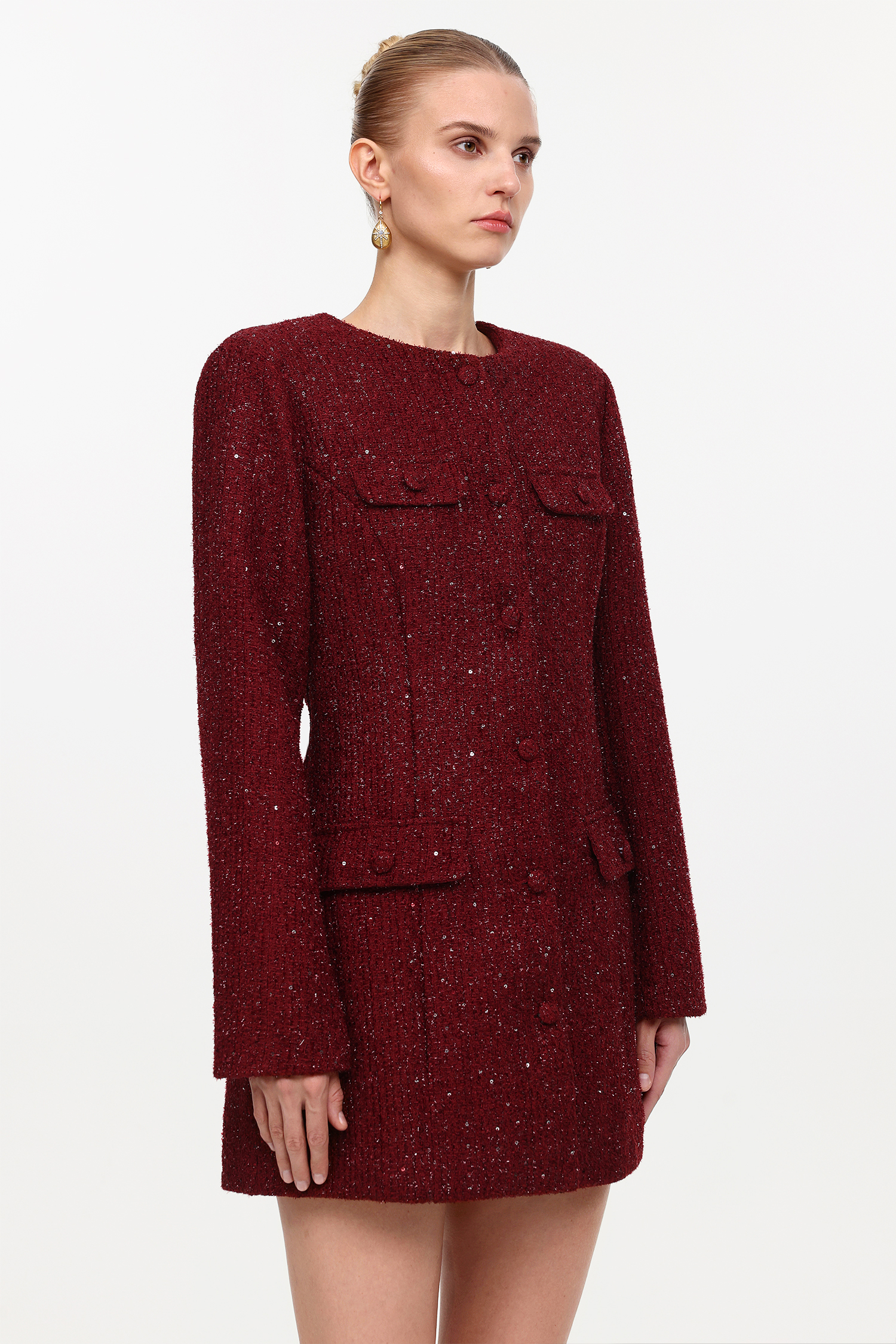 Farera Elegant Cinched Waist Round Neck Long Sleeve Tweed Mini Dress