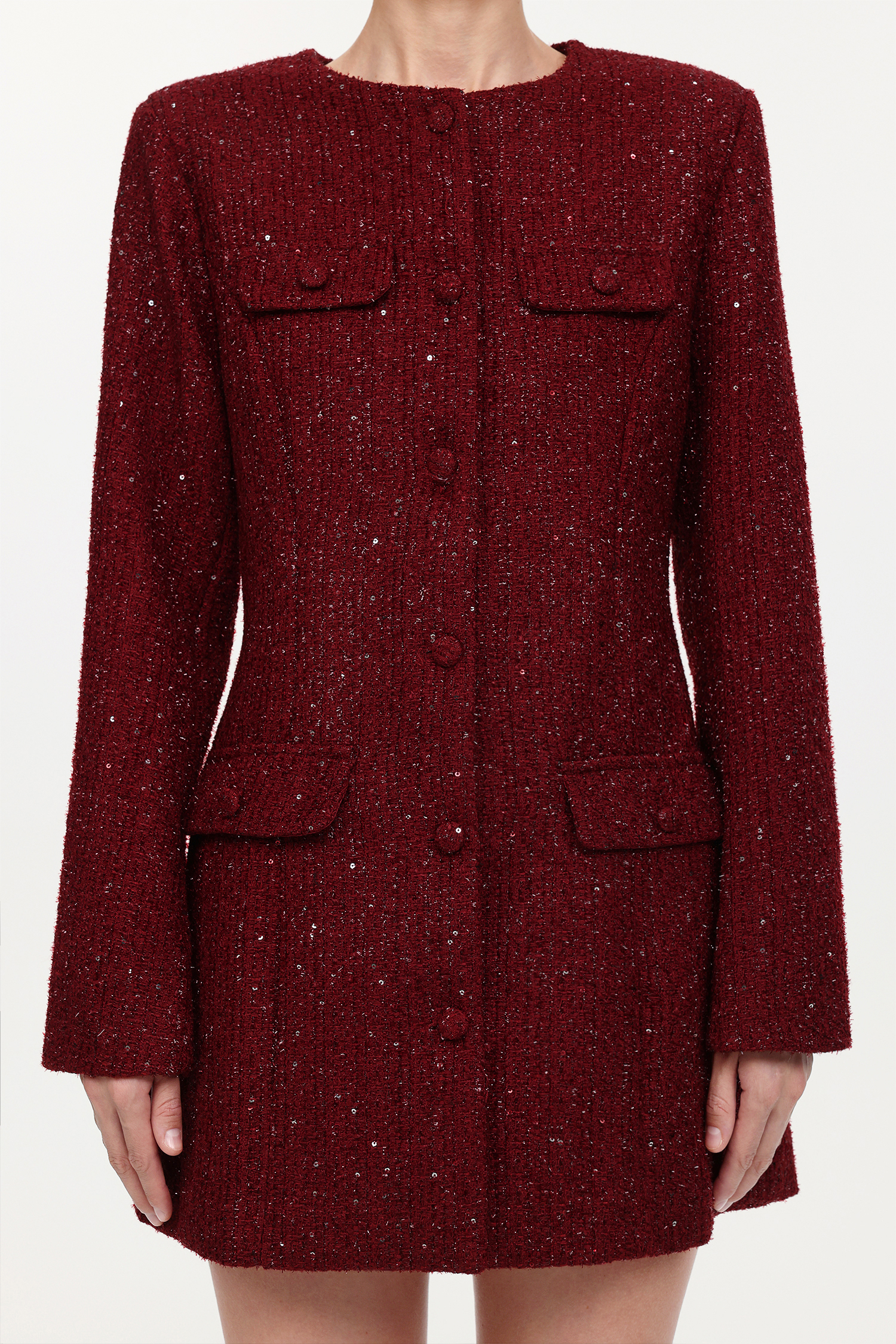 Farera Elegant Cinched Waist Round Neck Long Sleeve Tweed Mini Dress