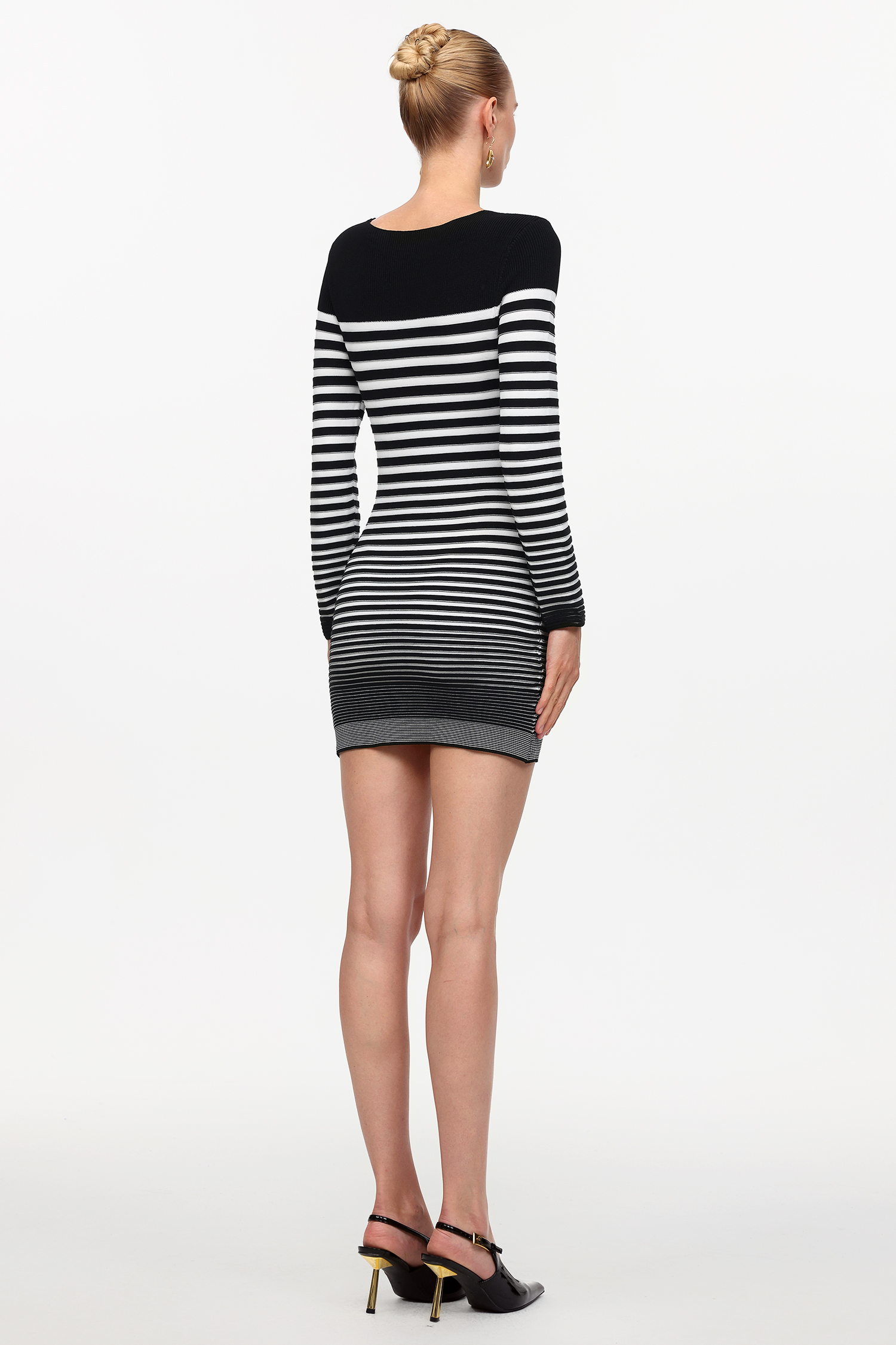 Irene Elegant Contour Long Sleeve Metal Button Stripe Knit Mini Dress
